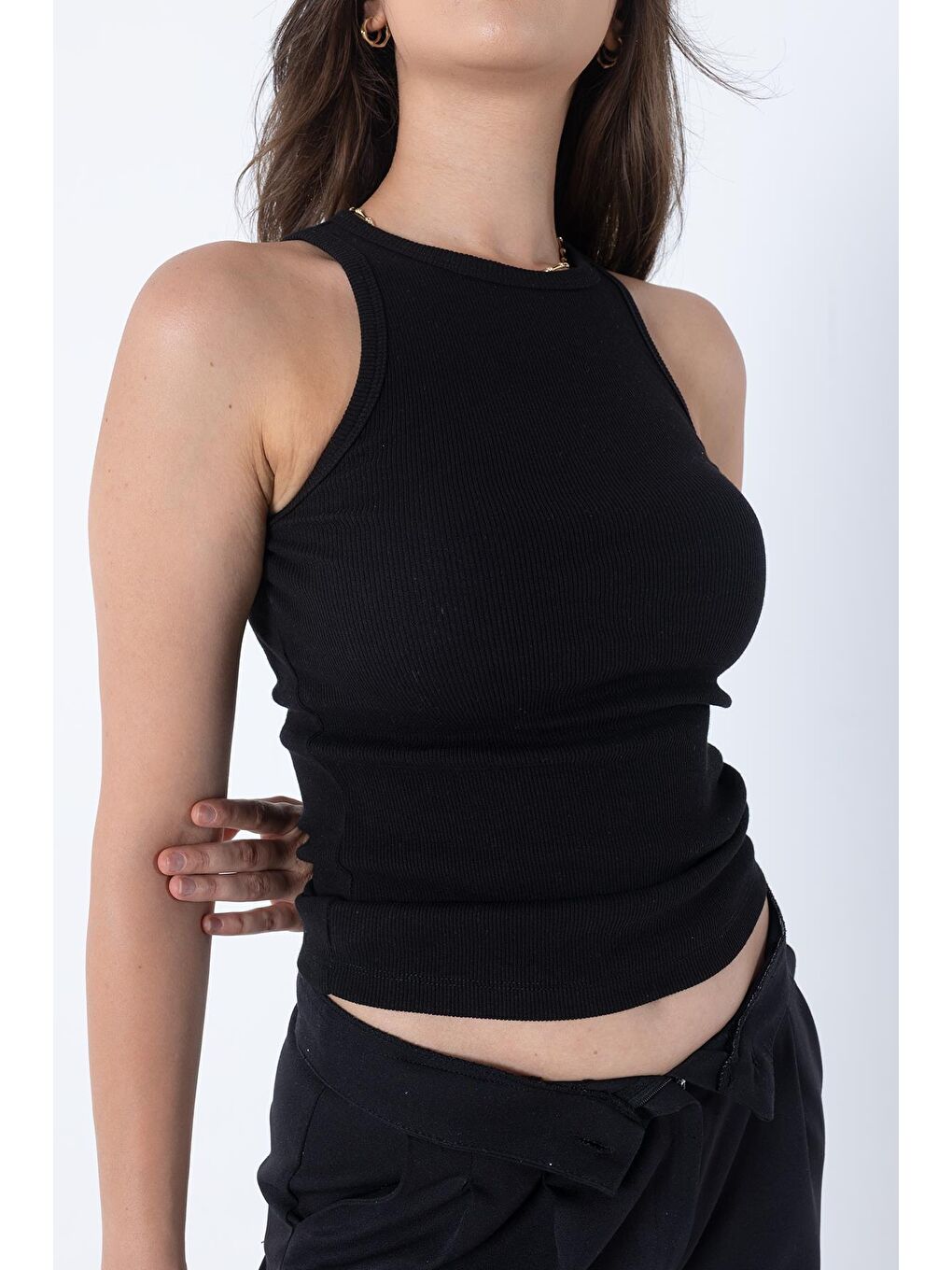 Fitilli Regular Fit Normal Kalıp Siyah-Beyaz Bisiklet Yaka Sıfır Kol Pamuklu 2'li Kadın Atlet-3