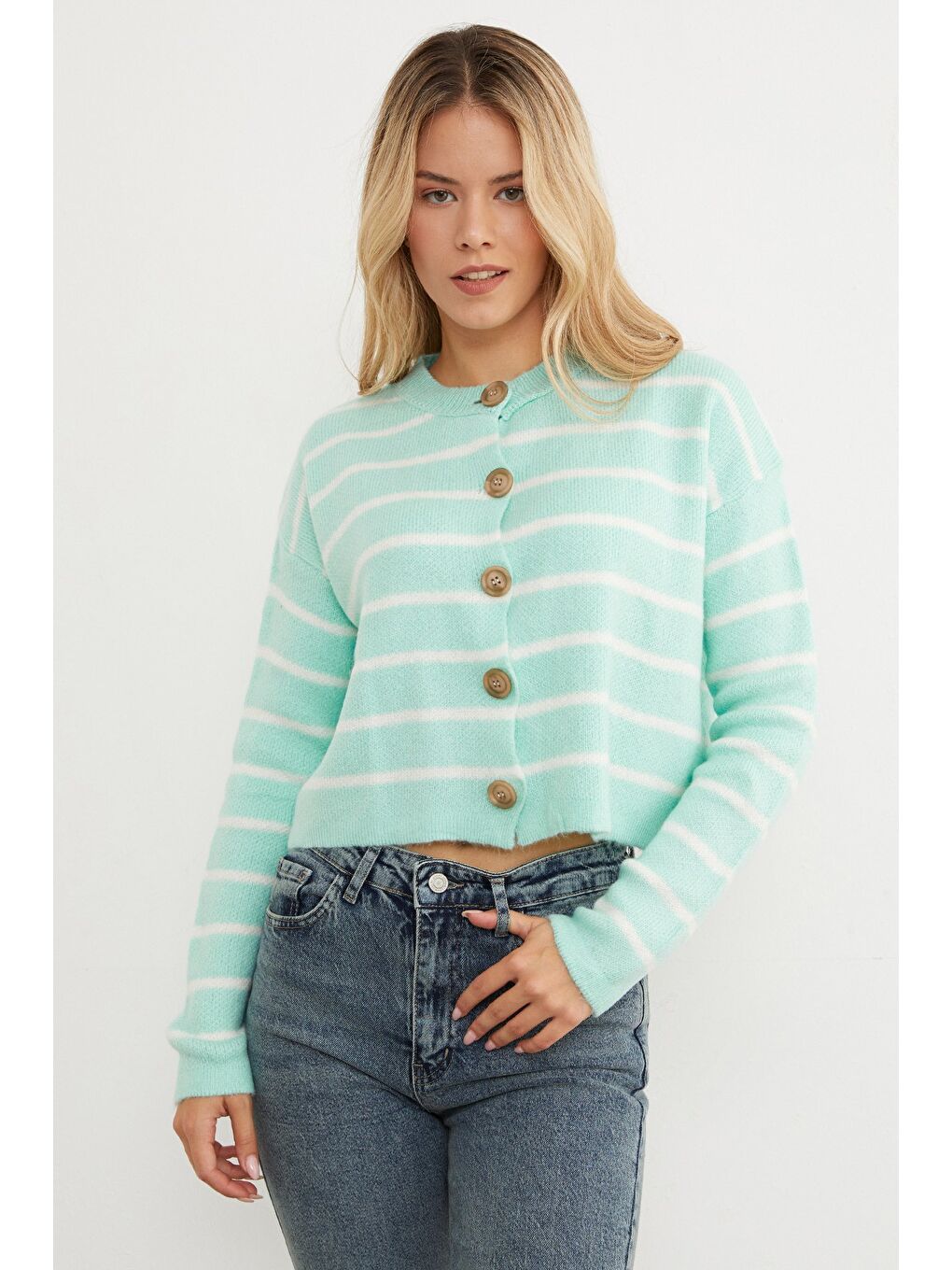 Yeşil Çizgili Düğmeli Triko Hırka-3