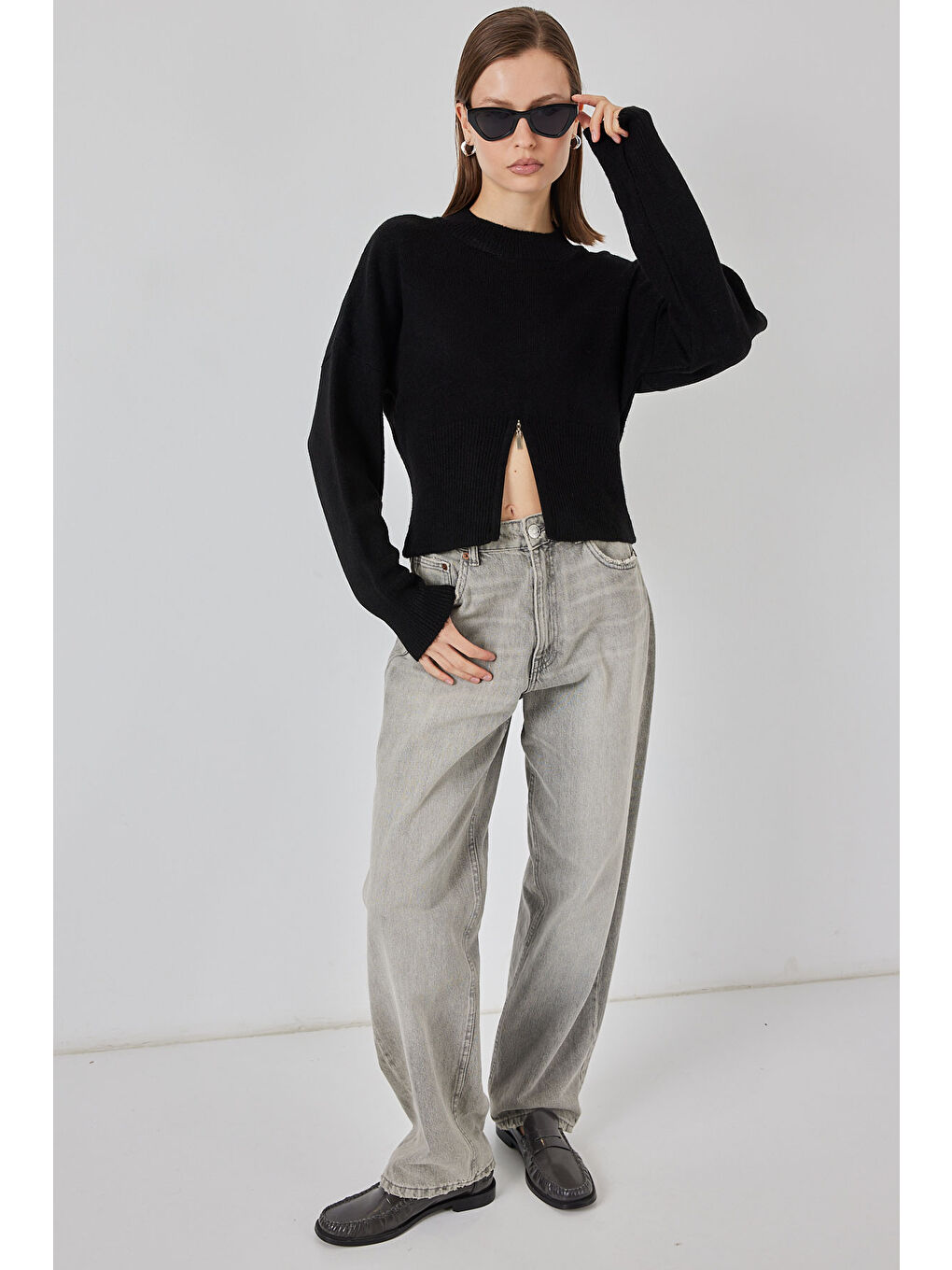 Kadın Fermuarlı Triko Kazak 15937 - Siyah-1