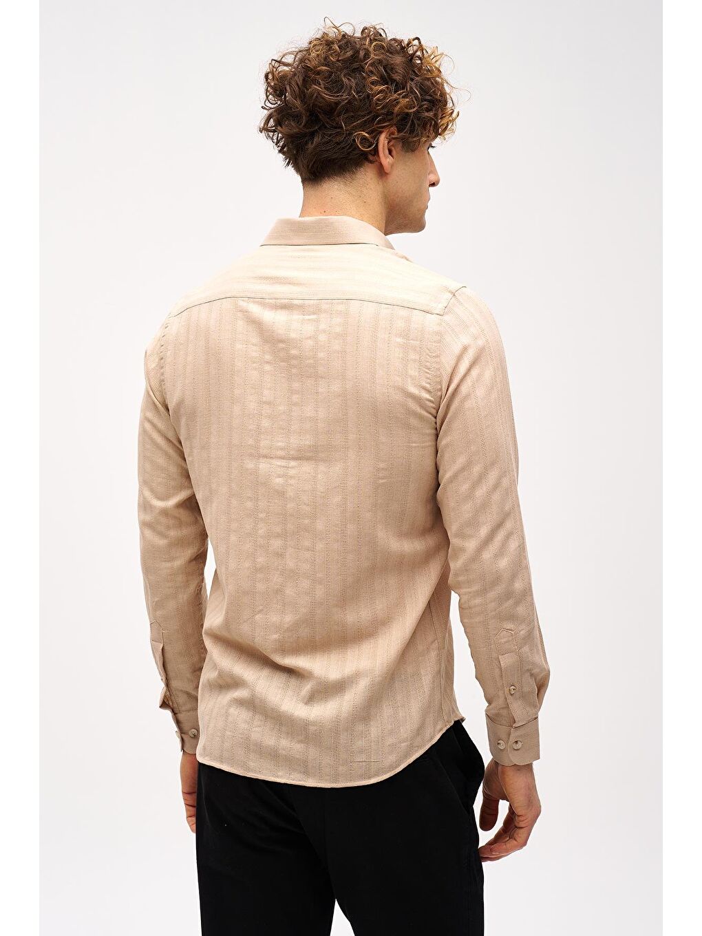 Bej Dynamic Fit  Düğmeli Yaka Çizgili Uzun Kollu Cepsiz %100 Pamuk Gömlek-4