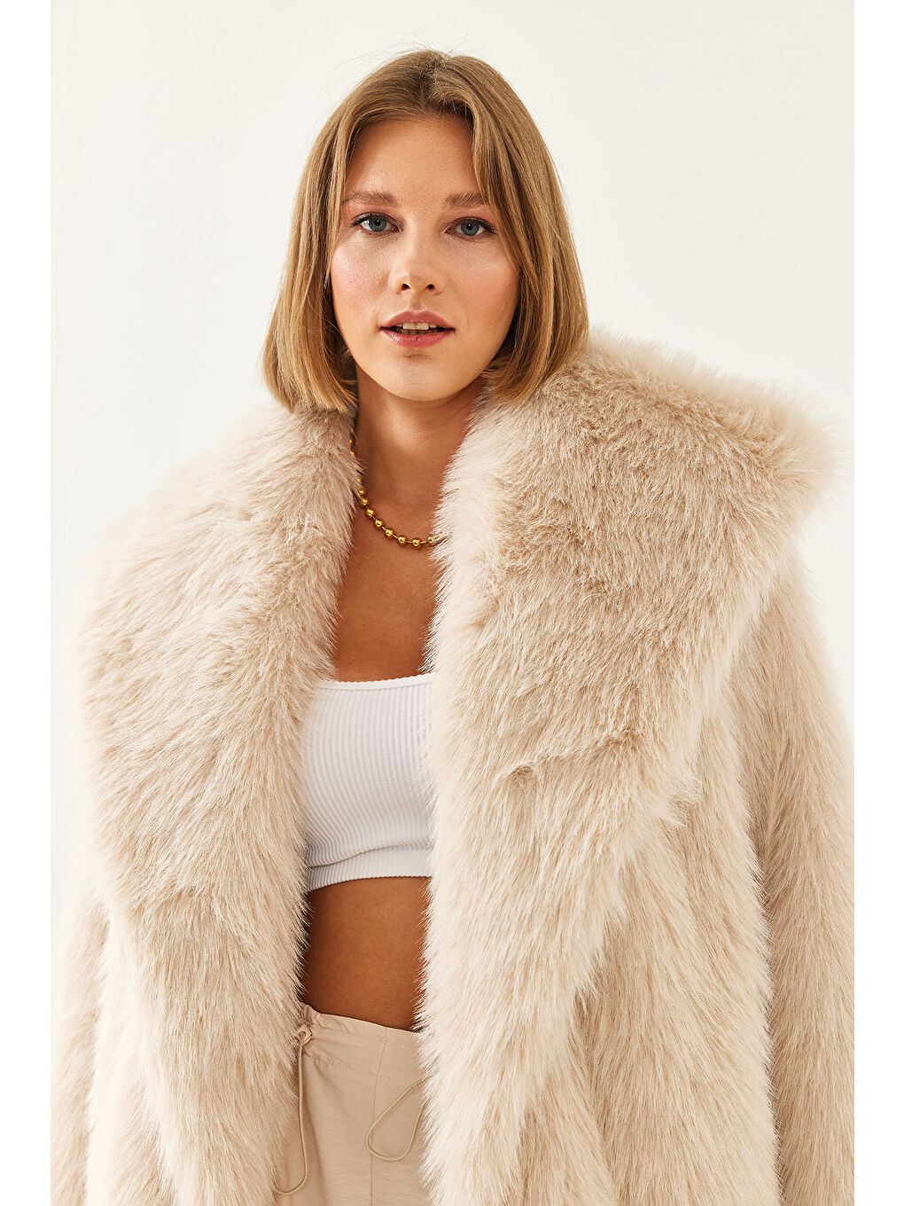 Bej Kadın Yakalı Astarlı Premium Kürk MBMS-2