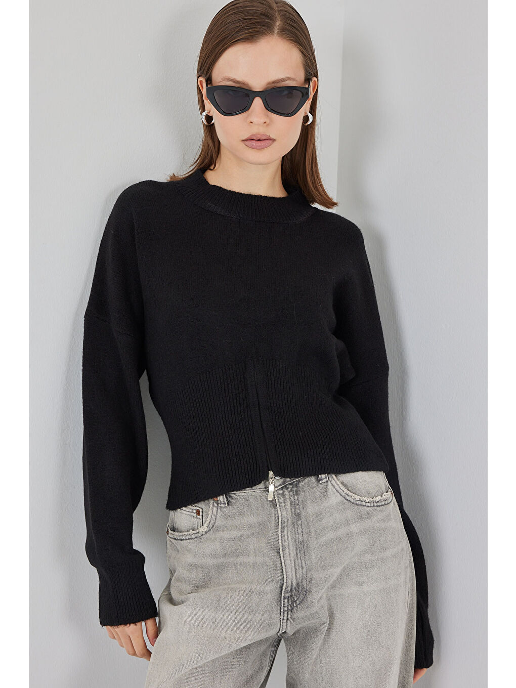 Kadın Fermuarlı Triko Kazak 15937 - Siyah-2