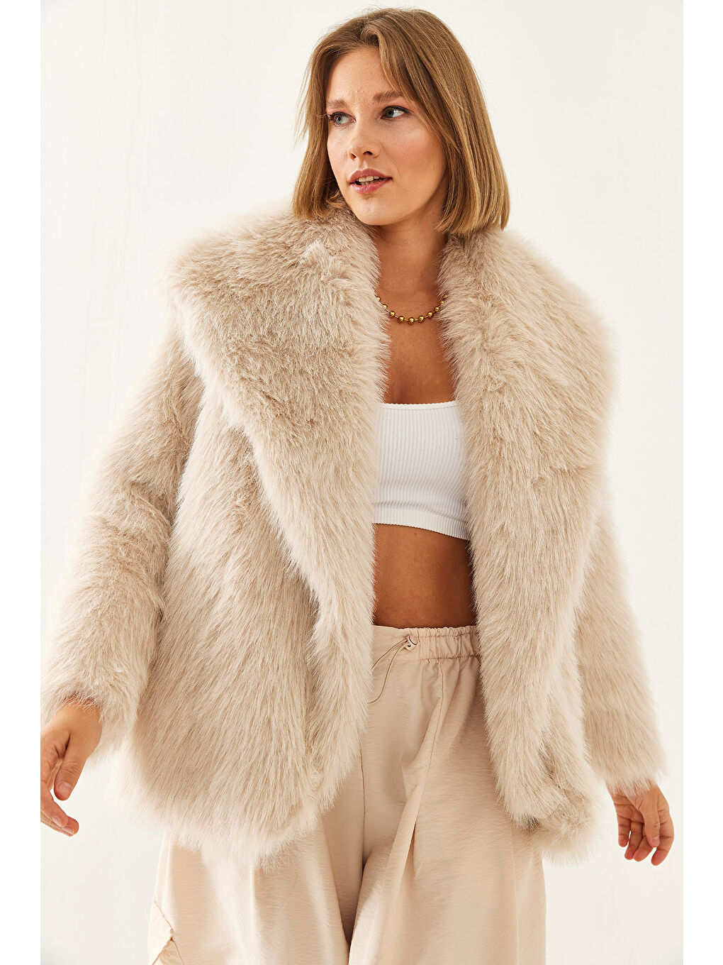 Bej Kadın Yakalı Astarlı Premium Kürk MBMS-6