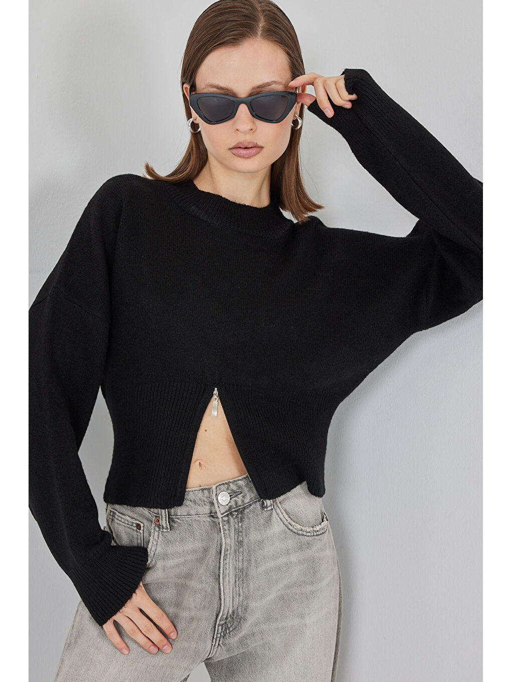 Kadın Fermuarlı Triko Kazak 15937 - Siyah-3