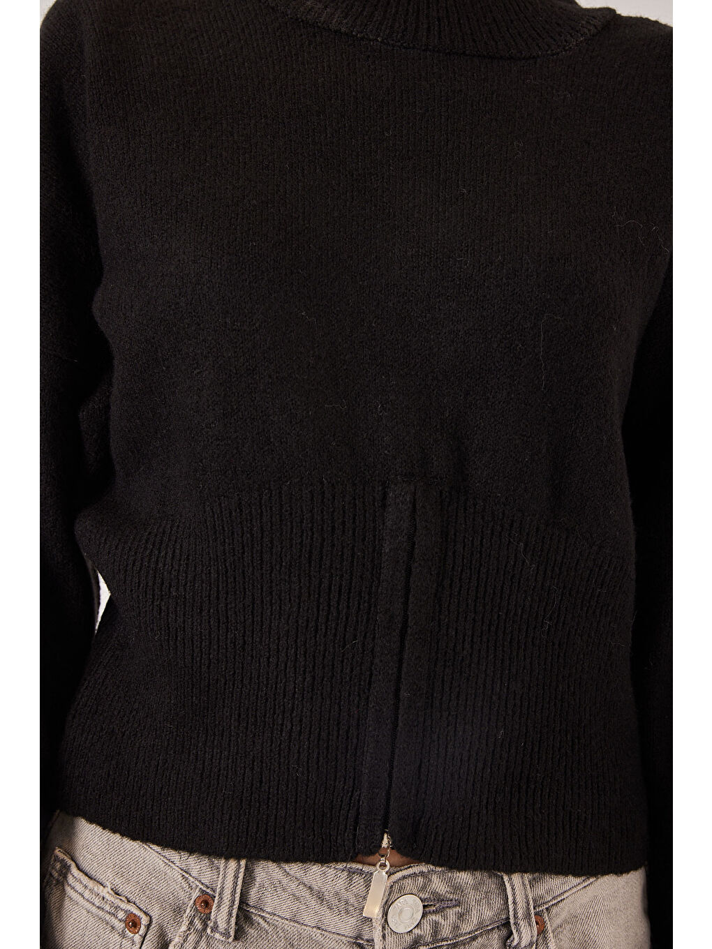 Kadın Fermuarlı Triko Kazak 15937 - Siyah-4