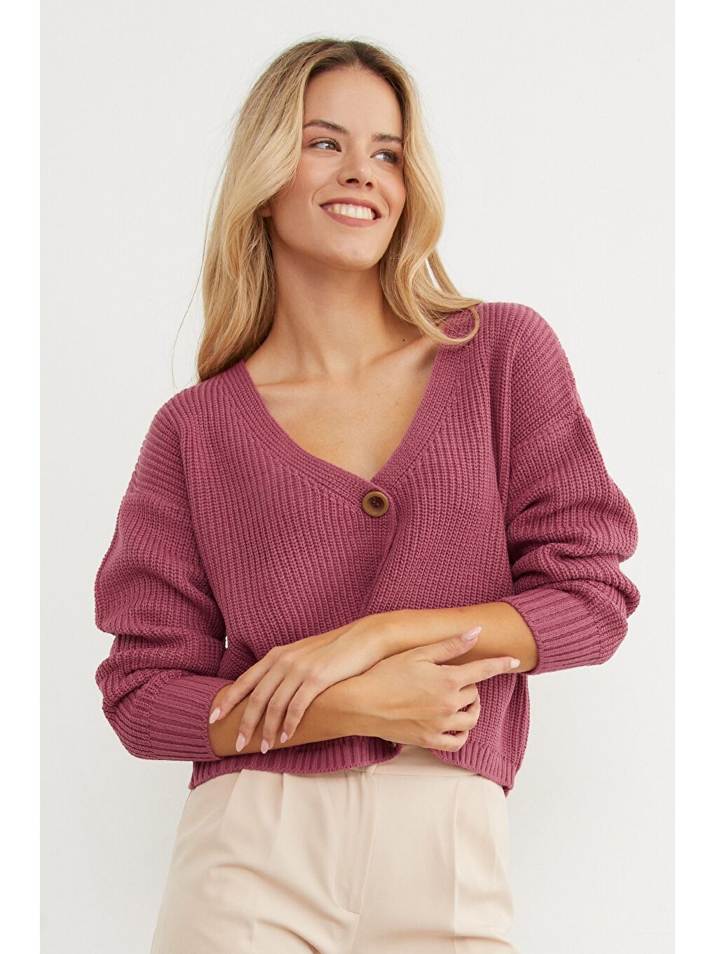 Pembe Düğmeli V Yaka Triko Hırka-3