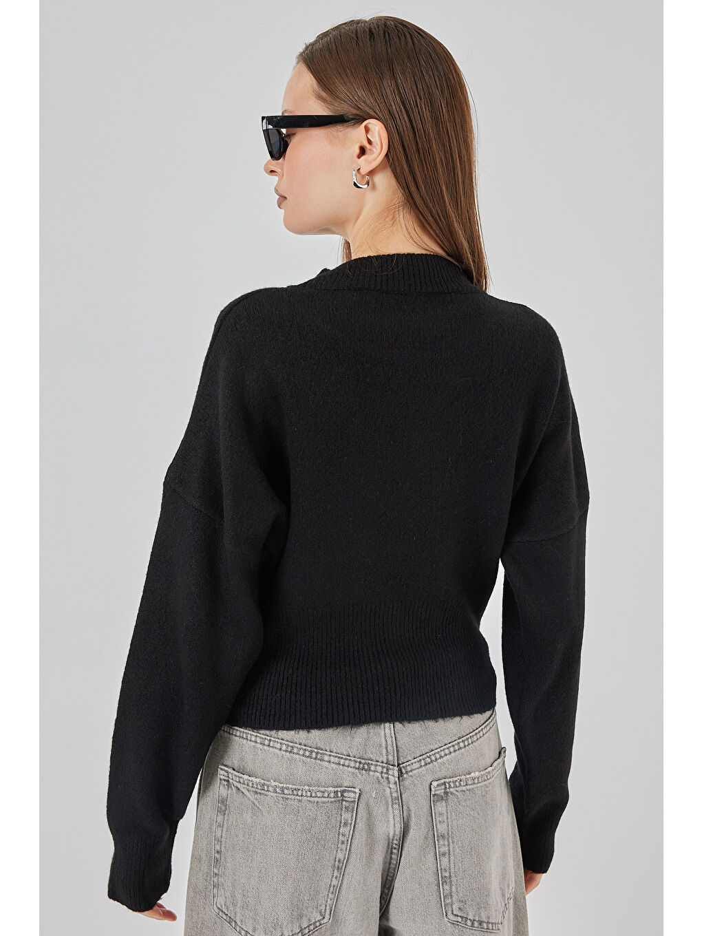 Kadın Fermuarlı Triko Kazak 15937 - Siyah-5