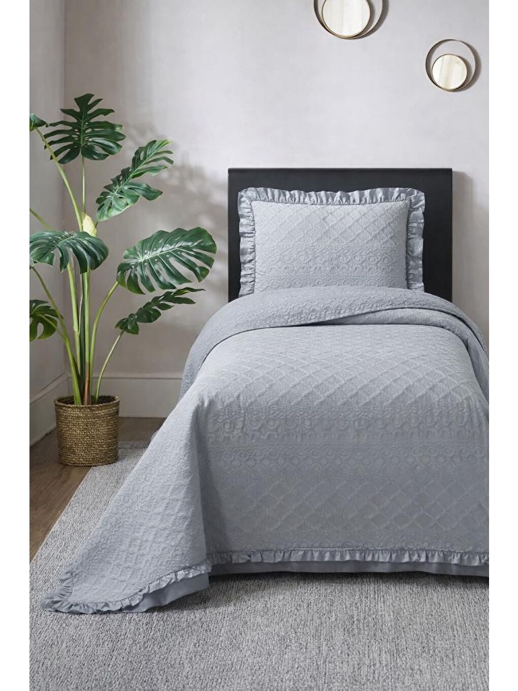 Roma Elyaf Dolgulu Tek Kişilik 180x240 Cm Yatak Örtüsü Gri
