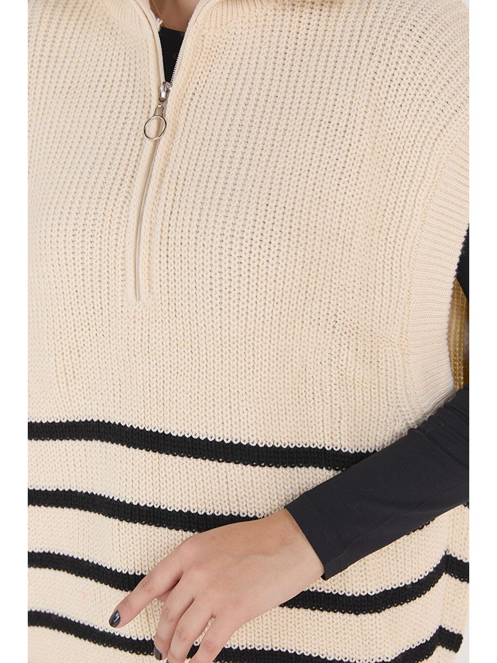 Gömlek Yaka Kadın Bej Fermuarlı Triko Kazak - 23370-3