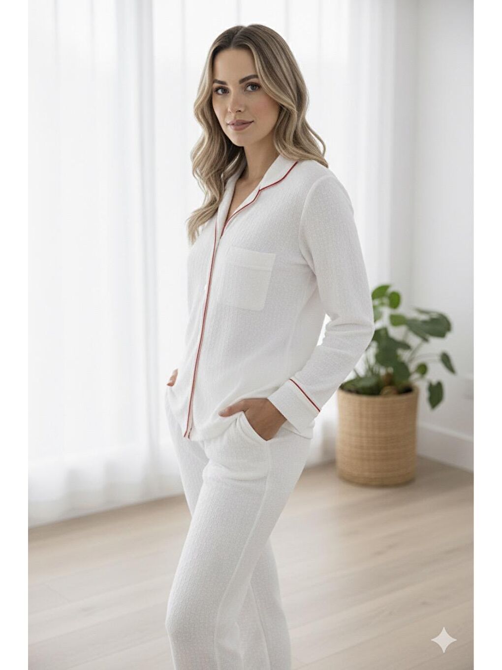 Bej %100 Pamuk Müslin Kadın Pijama Takımı - BEYAZ