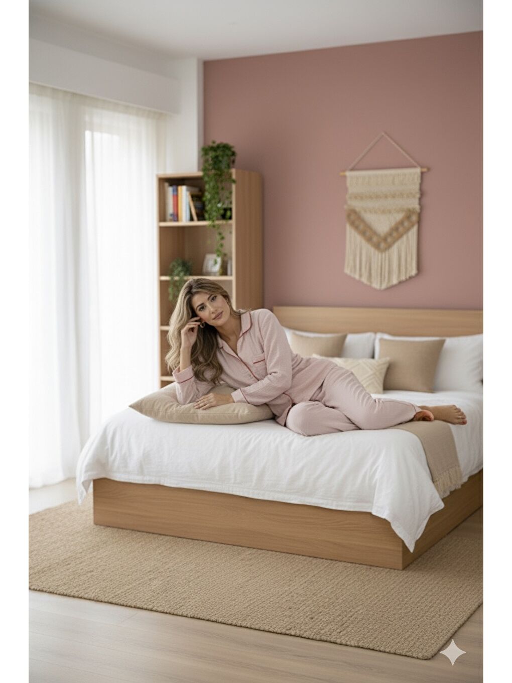 Pembe %100 Pamuk Müslin Kadın Pijama Takımı - PEMBE-3