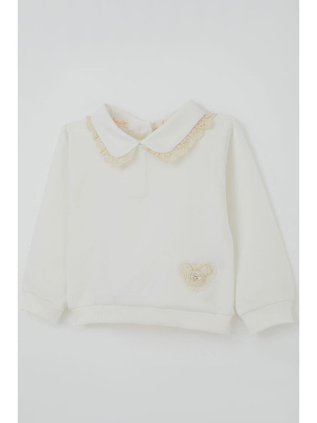 Kız Çocuk Eşofman Takımı Yaka Kısmı Güpür Detaylı Kalp Arma Detaylı Ekru (1.5-5 Yaş)-5