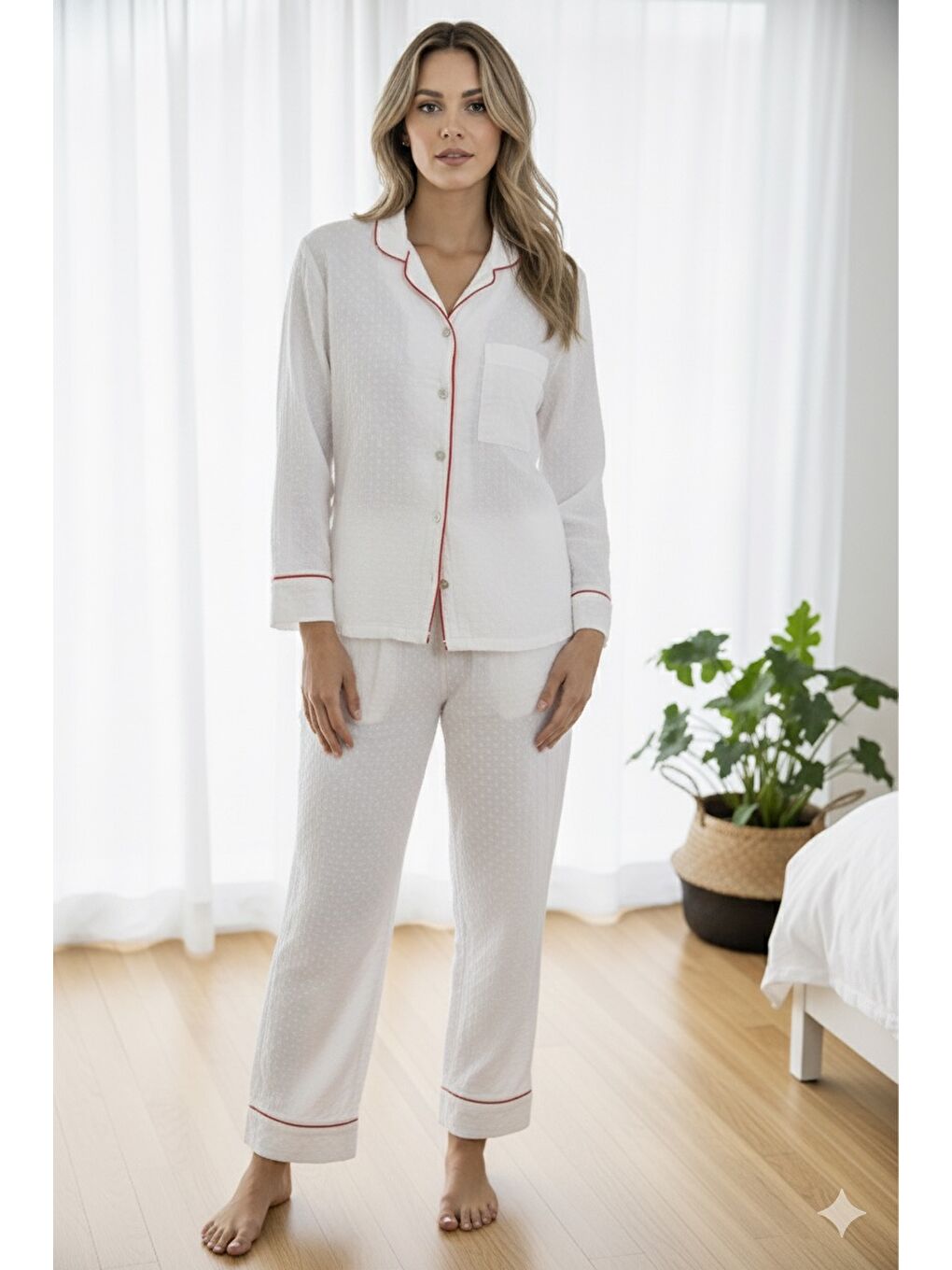 Bej %100 Pamuk Müslin Kadın Pijama Takımı - BEYAZ-1