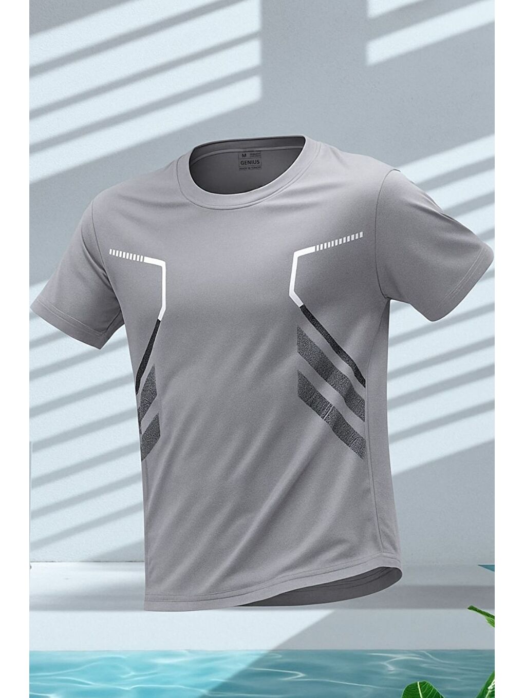 Gri Erkek Spor Tişört Antreman Gym Polyester Erkek Sporcu Tişört-1