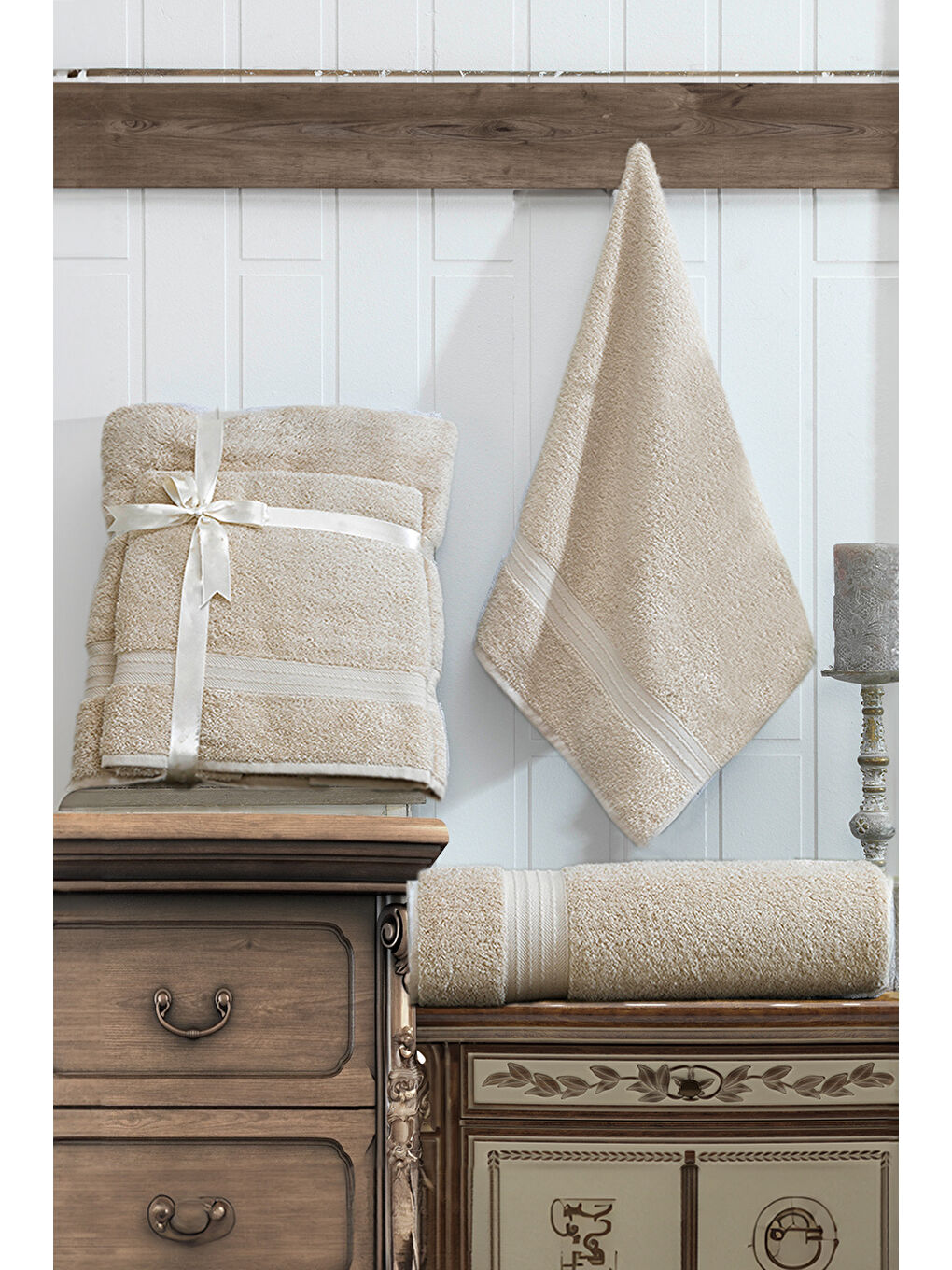 2'li %100 Pamuk Banyo Havlu Seti Bej 90x160 cm ve 50x90 cm Yumuşak ve Emici-1