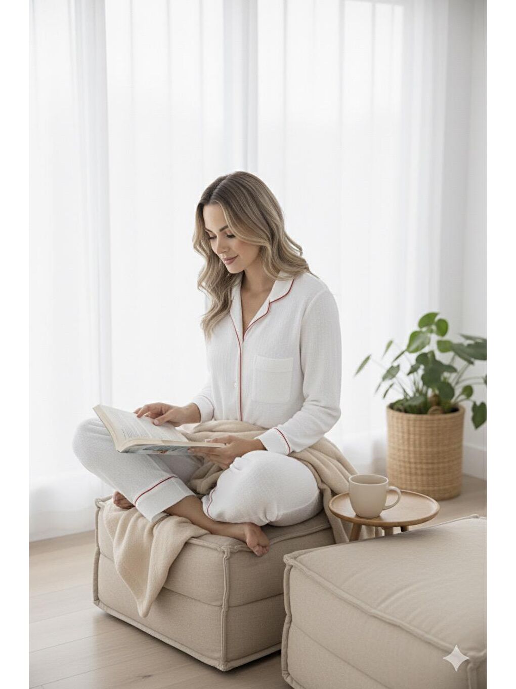 Bej %100 Pamuk Müslin Kadın Pijama Takımı - BEYAZ-4