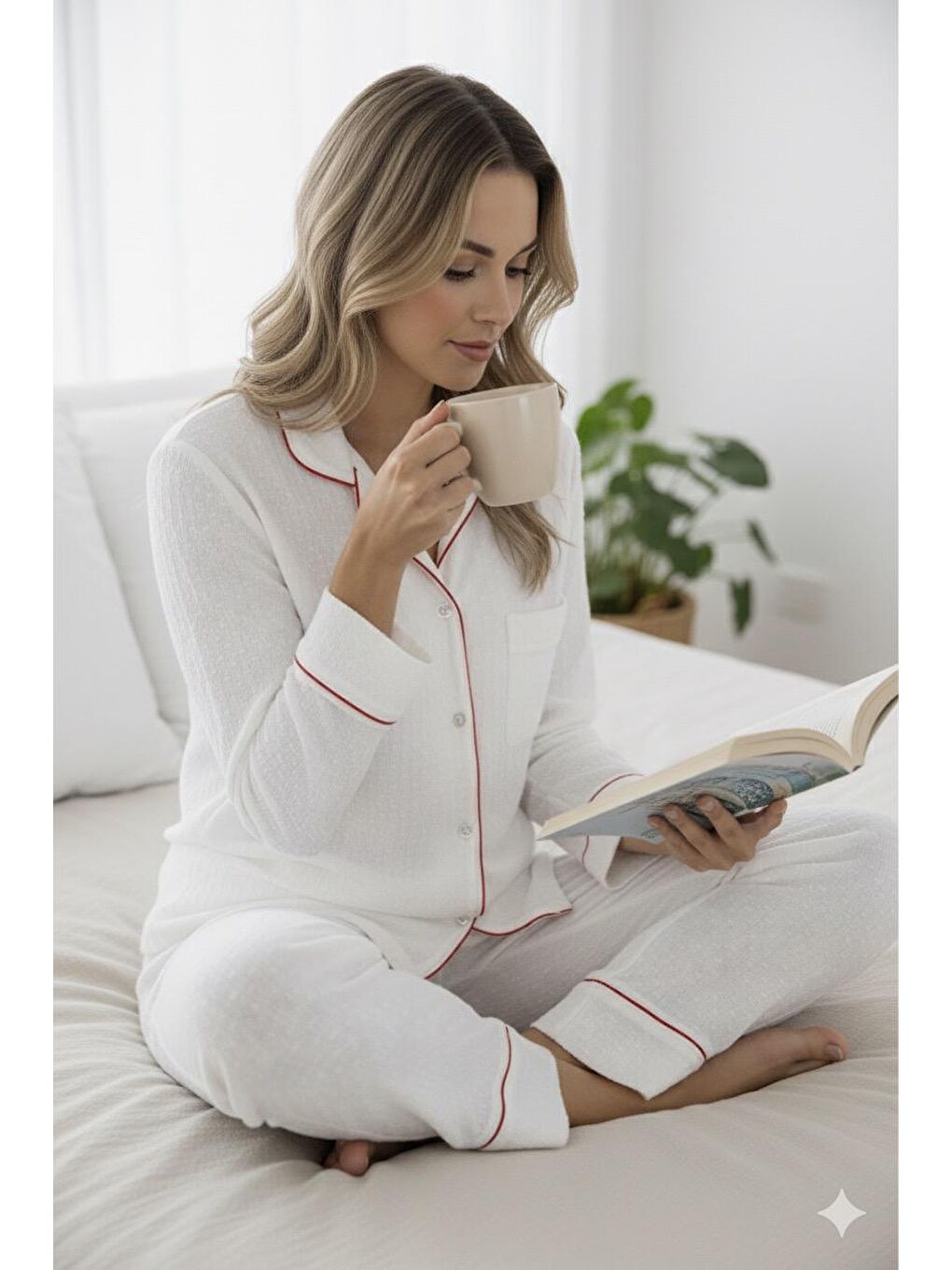 Bej %100 Pamuk Müslin Kadın Pijama Takımı - BEYAZ-6