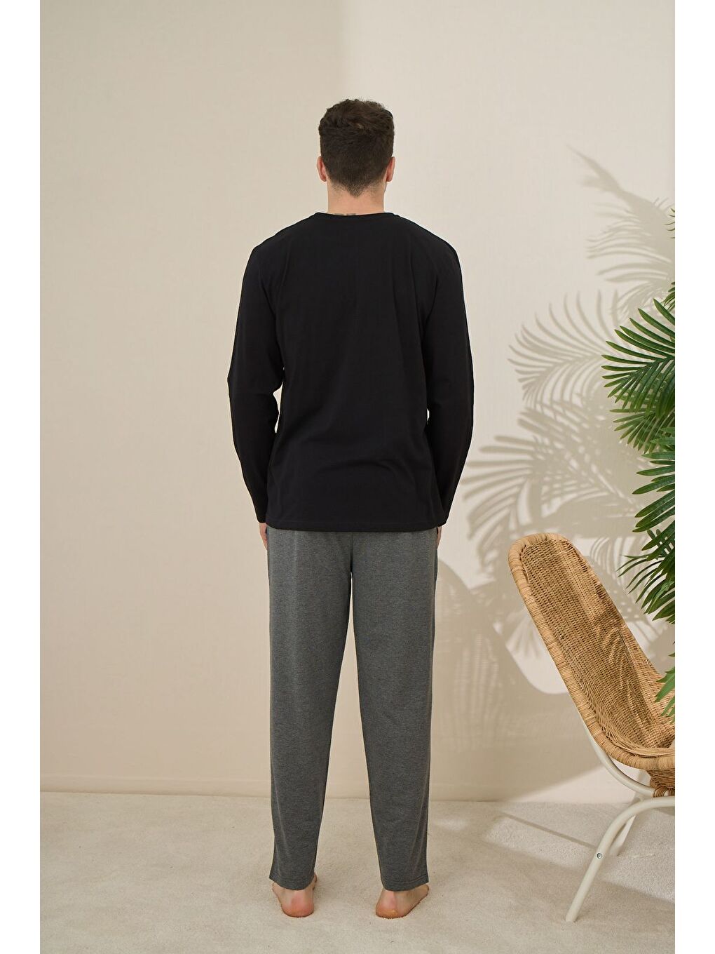 Siyah Erkek %100 Pamuk Uzun Kollu Baskılı Kaliteli Pijama Takımı-2