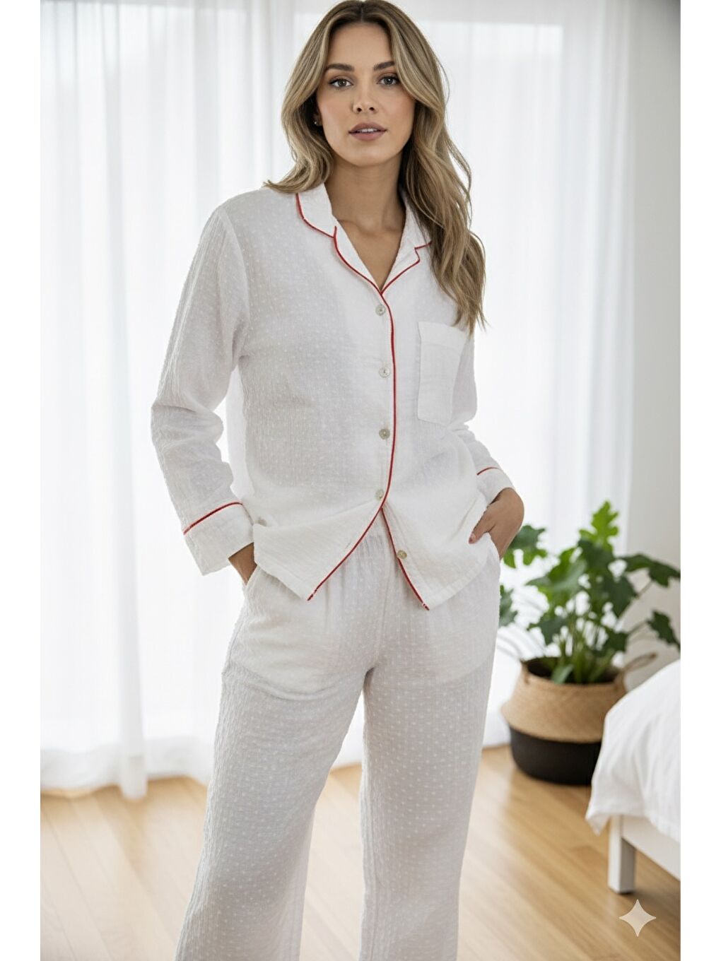 Bej %100 Pamuk Müslin Kadın Pijama Takımı - BEYAZ-7