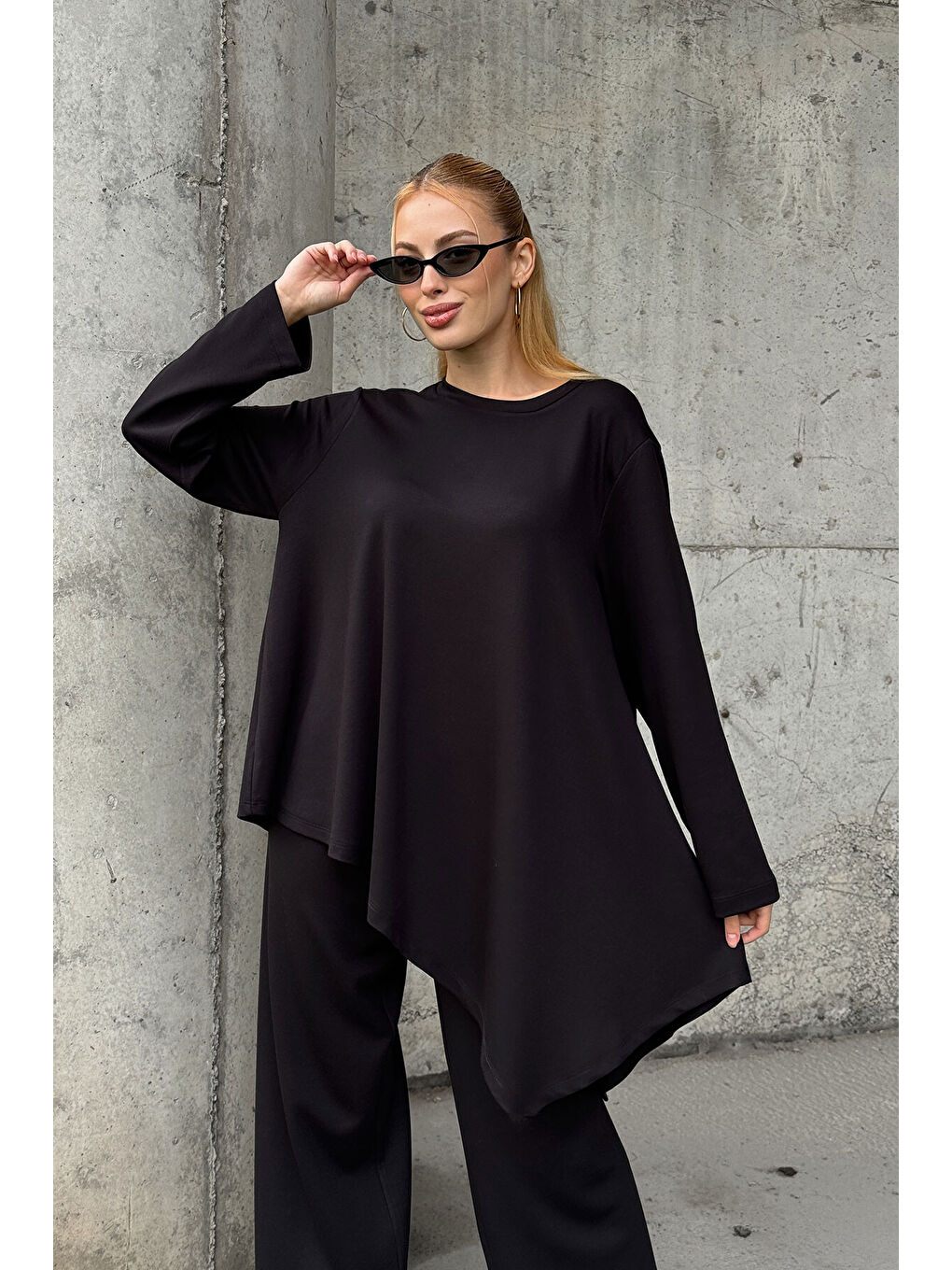 Rahat Kalıp Asimetrik Bluz Ve Pantolon Modal Kumaş Takım Siyah-2