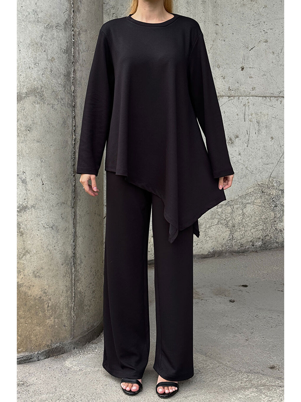 Rahat Kalıp Asimetrik Bluz Ve Pantolon Modal Kumaş Takım Siyah-3