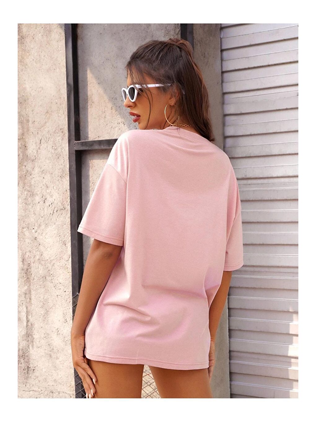 Trendseninle Pembe Kadın Pudra Pembe Leopar Baskılı Oversize Tişört - 3