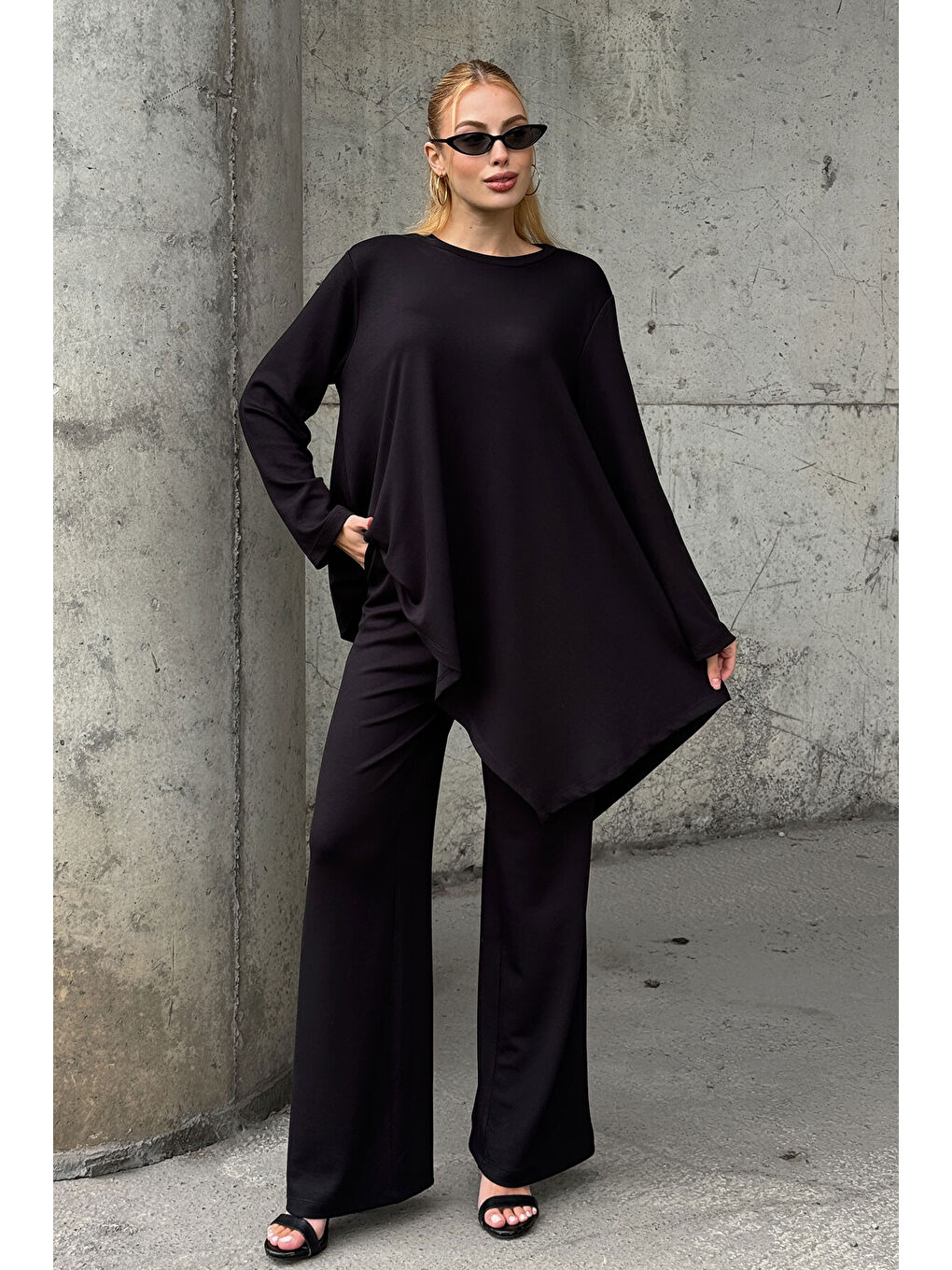 Rahat Kalıp Asimetrik Bluz Ve Pantolon Modal Kumaş Takım Siyah-4