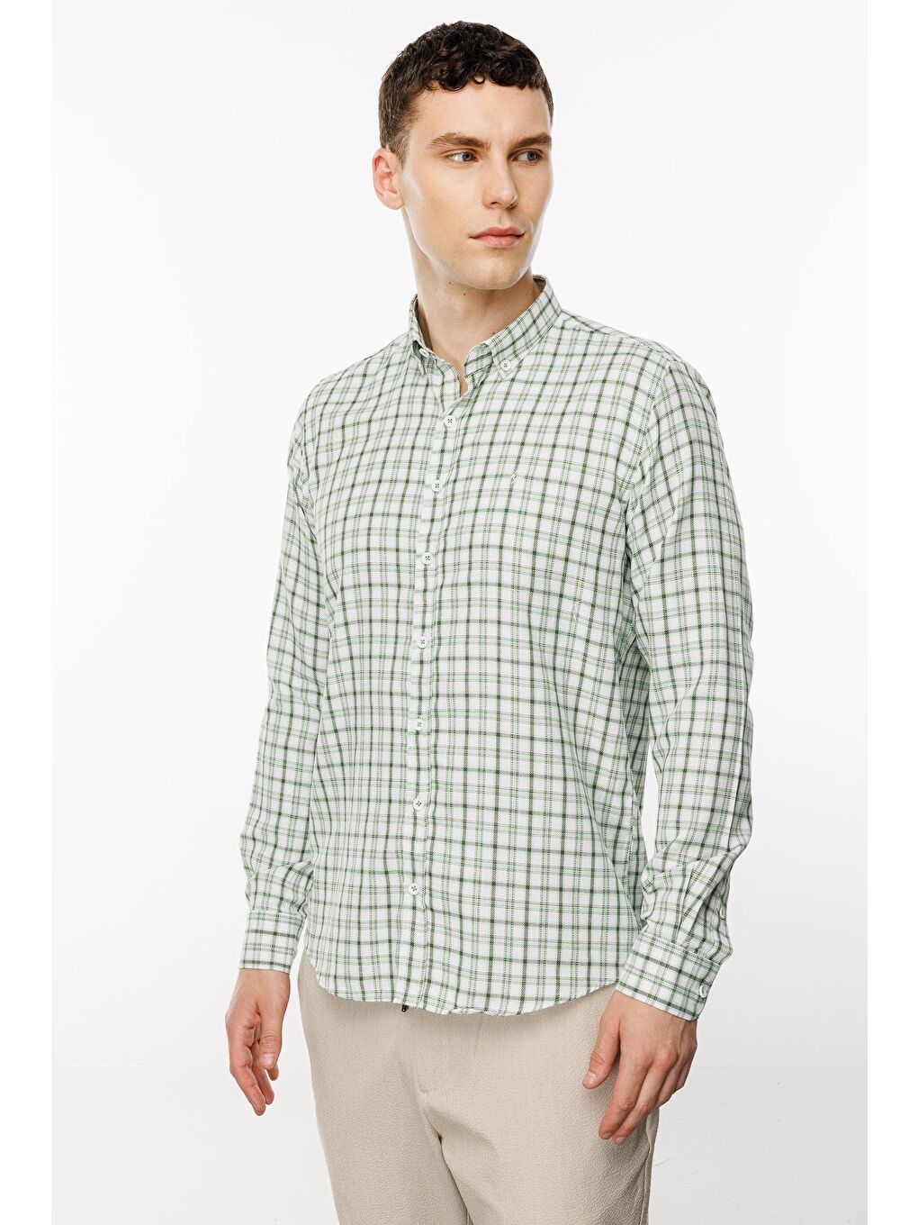 Açık Yeşil Dynamic Fit  Düğmeli Yaka Ekose Uzun Kollu Cepsiz Pamuklu Gömlek-2