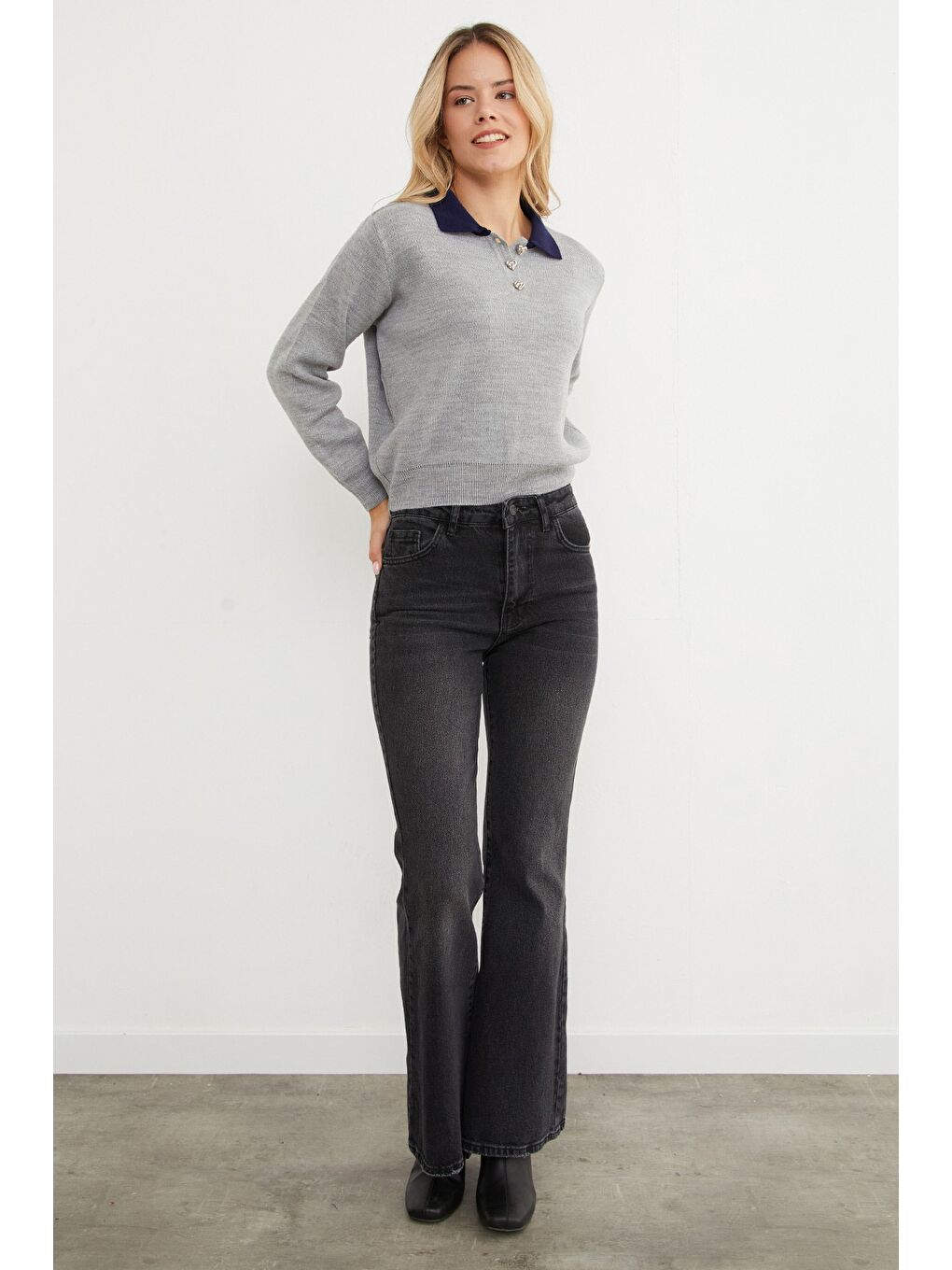 Gri Basic Polo Yaka Yarım Düğmeli Triko Kazak-1