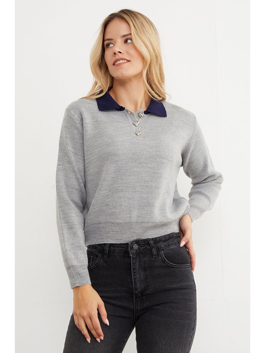 Gri Basic Polo Yaka Yarım Düğmeli Triko Kazak-2