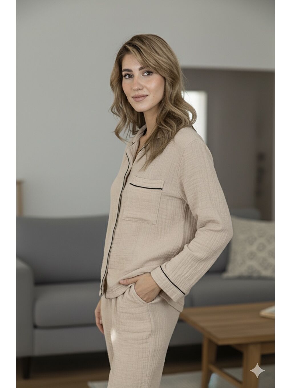 Bej %100 Pamuk Müslin Kadın Pijama Takımı - BEJ-1