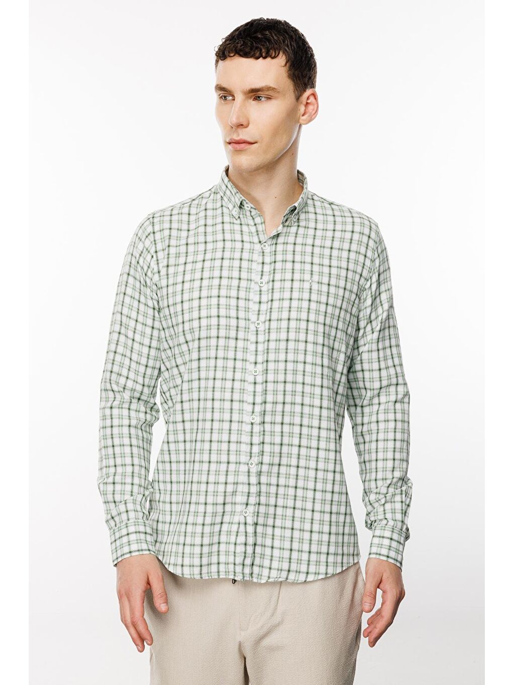 Açık Yeşil Dynamic Fit  Düğmeli Yaka Ekose Uzun Kollu Cepsiz Pamuklu Gömlek-4