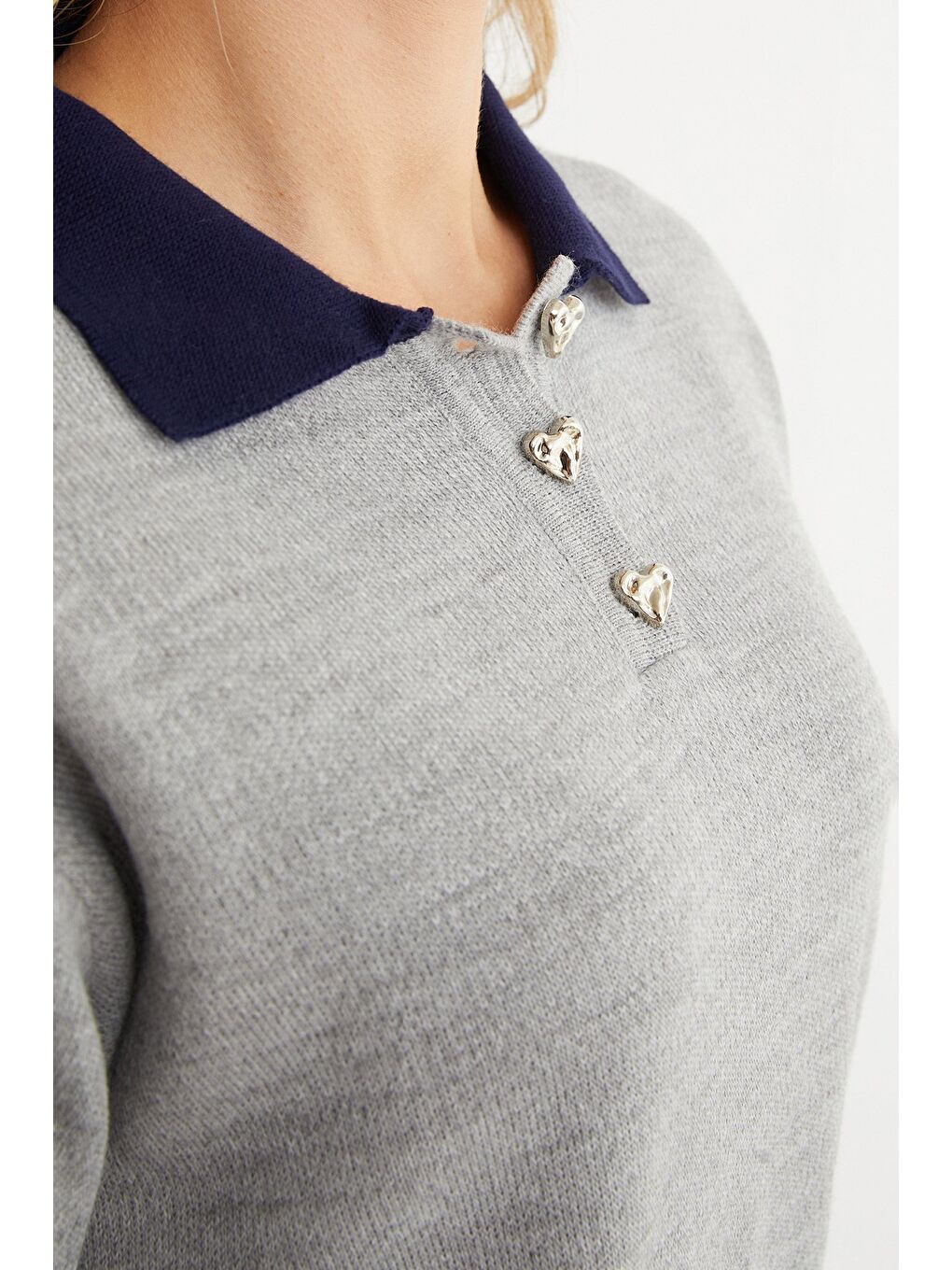 Gri Basic Polo Yaka Yarım Düğmeli Triko Kazak-4