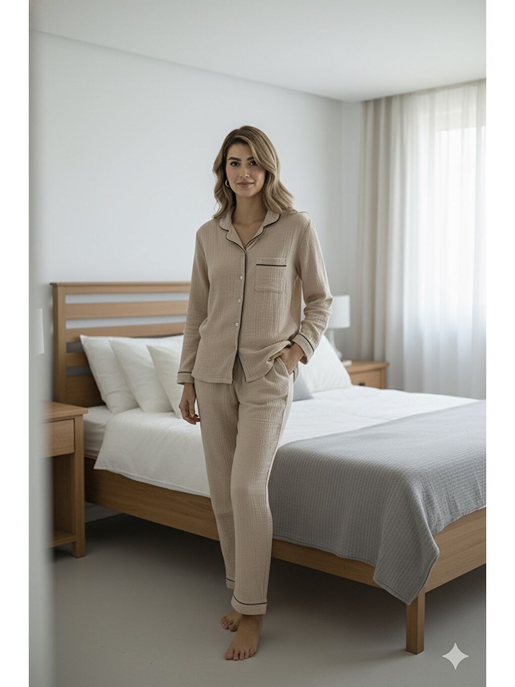 Bej %100 Pamuk Müslin Kadın Pijama Takımı - BEJ-2