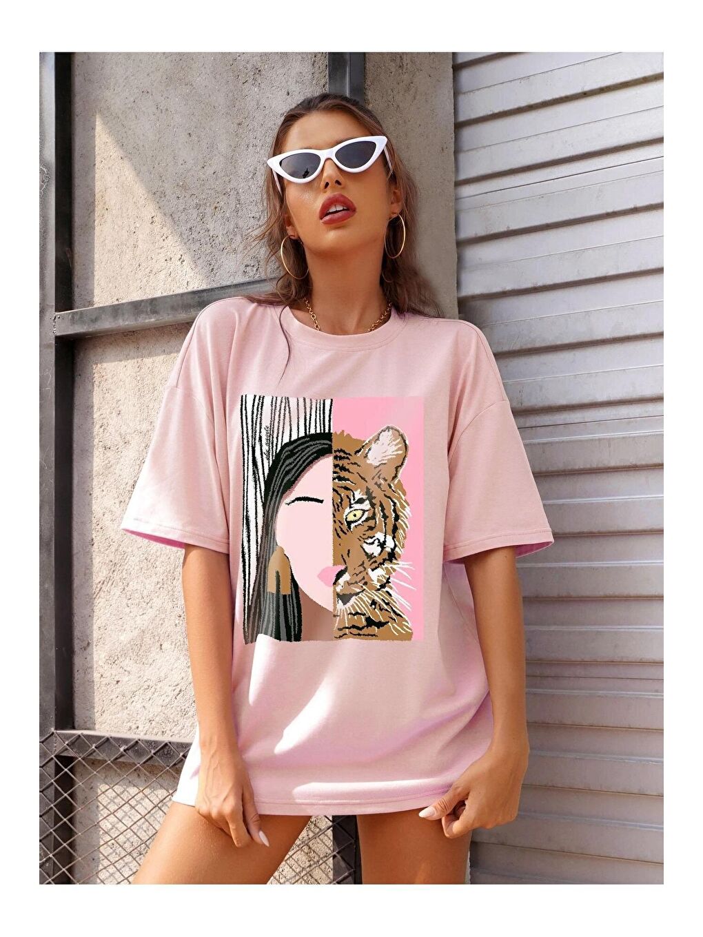 Trendseninle Pembe Kadın Pudra Pembe Leopar Baskılı Oversize Tişört - 4