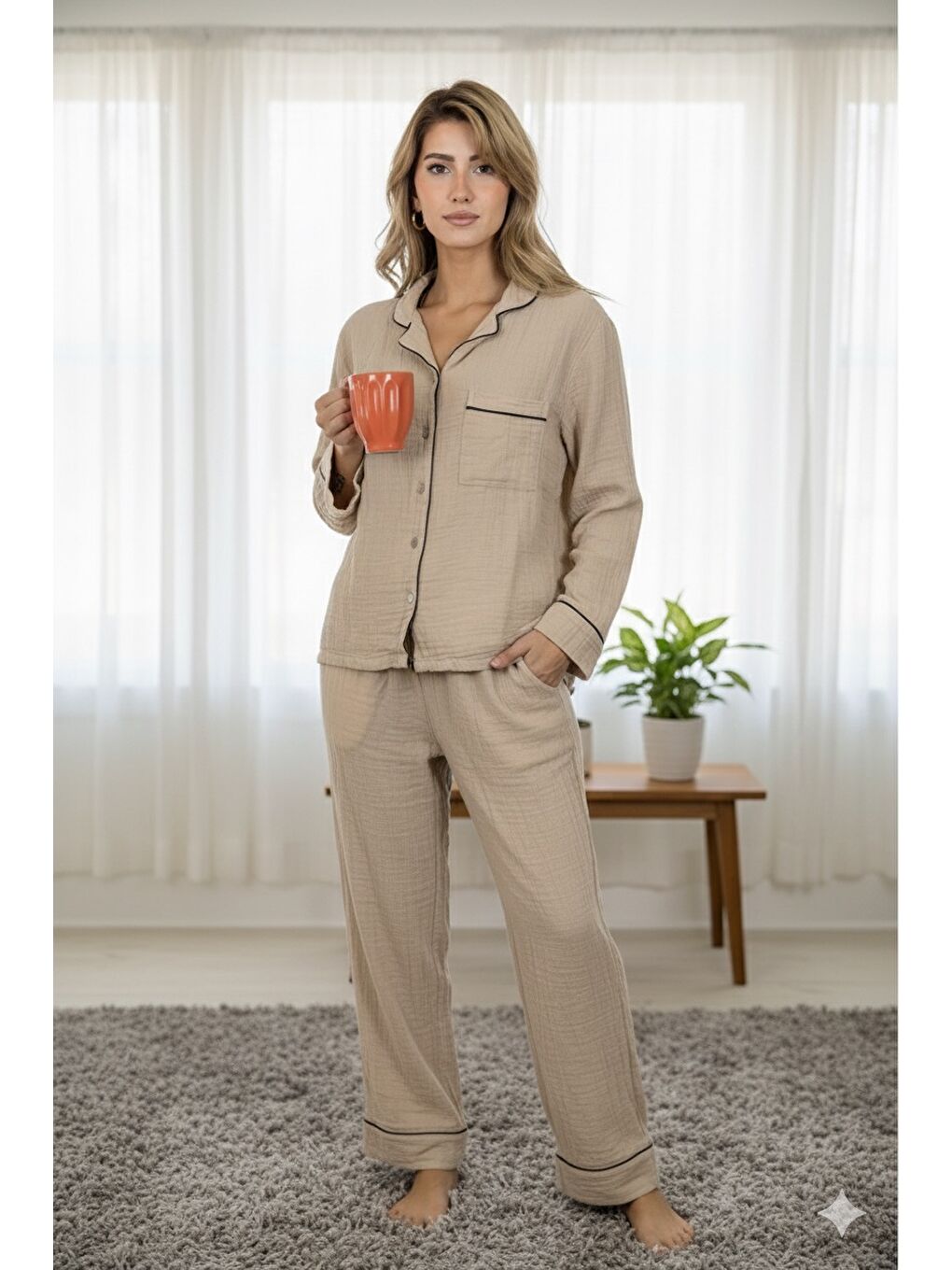 Bej %100 Pamuk Müslin Kadın Pijama Takımı - BEJ-3