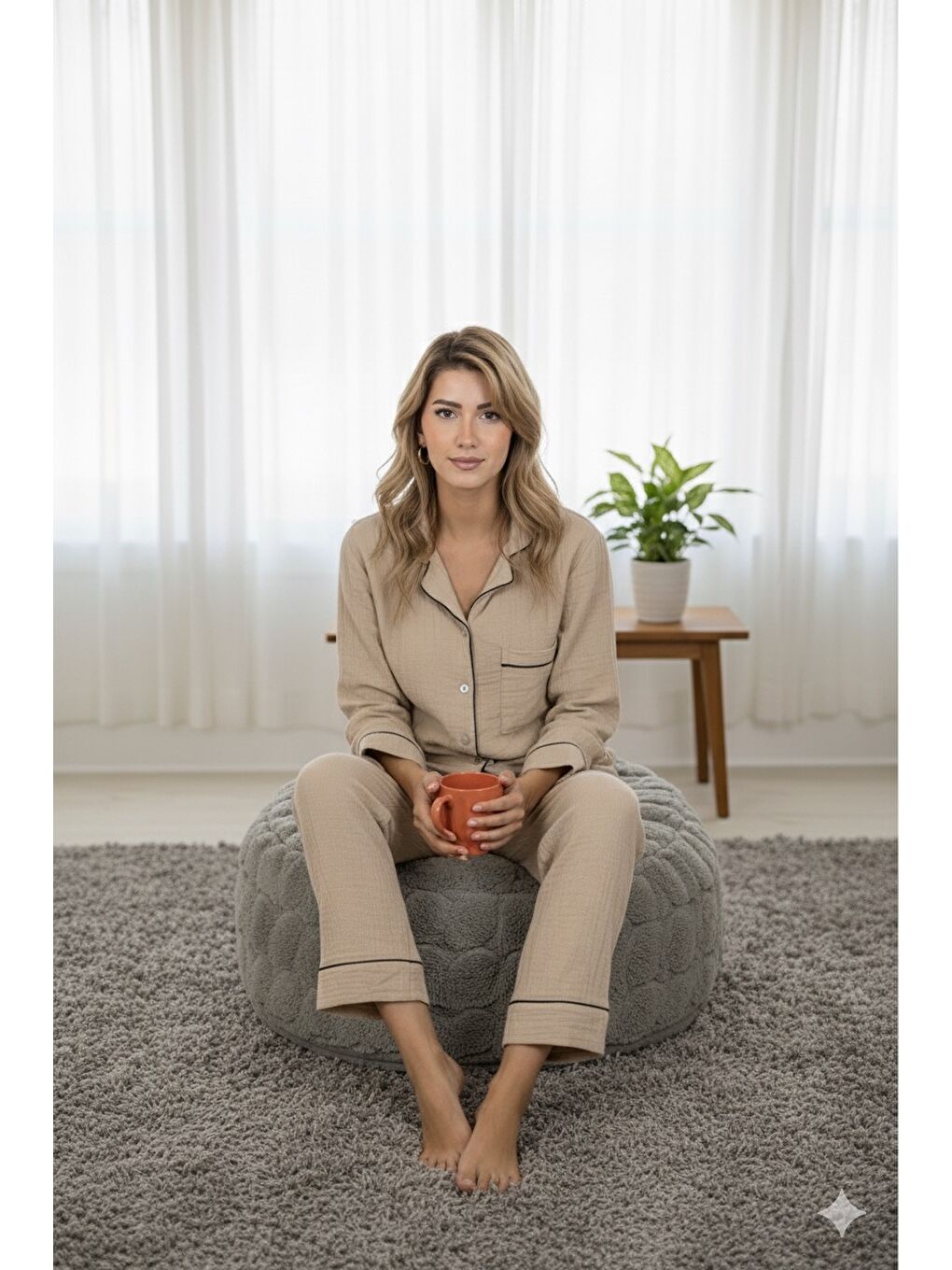 Bej %100 Pamuk Müslin Kadın Pijama Takımı - BEJ-4