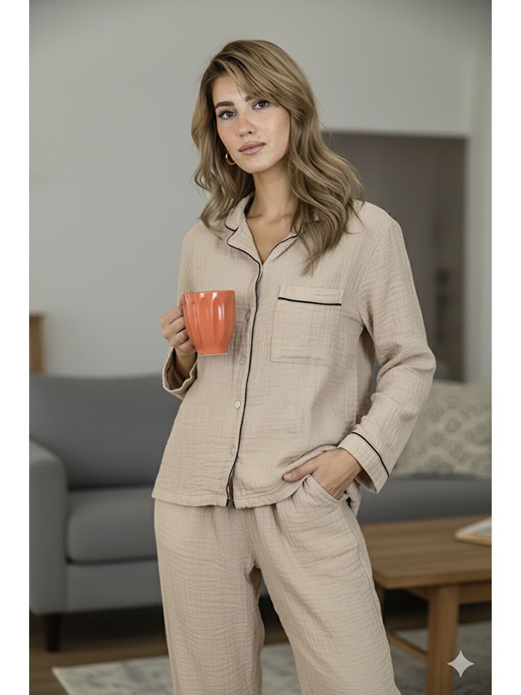 Bej %100 Pamuk Müslin Kadın Pijama Takımı - BEJ-5