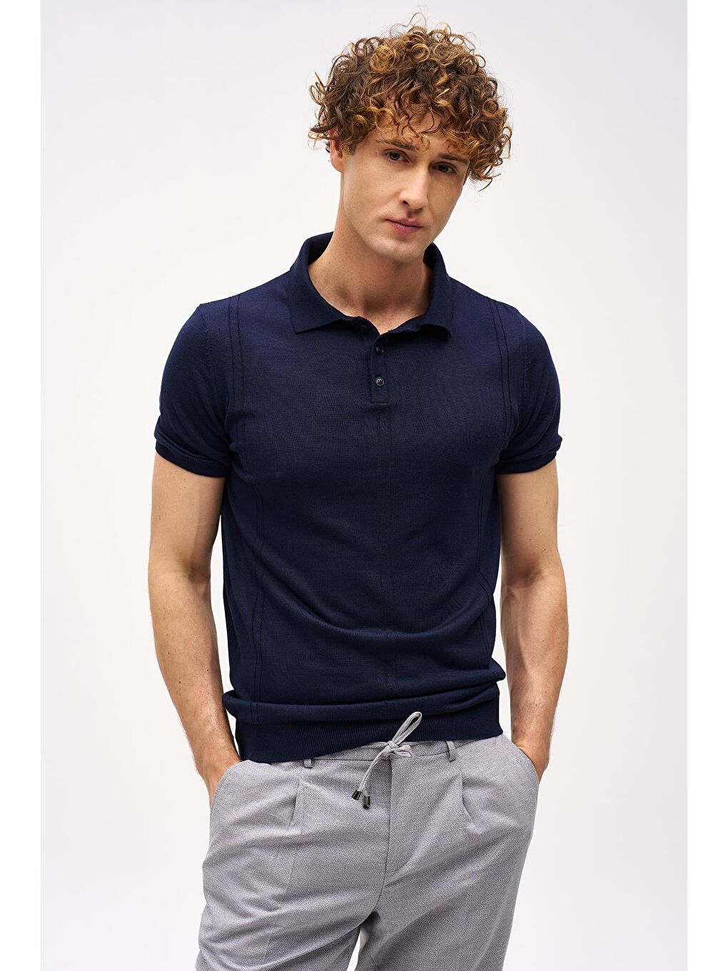 Lacivert Slim Fit Dar Kalıp Polo Yaka Düz Kısa Kollu Triko Tişört-1