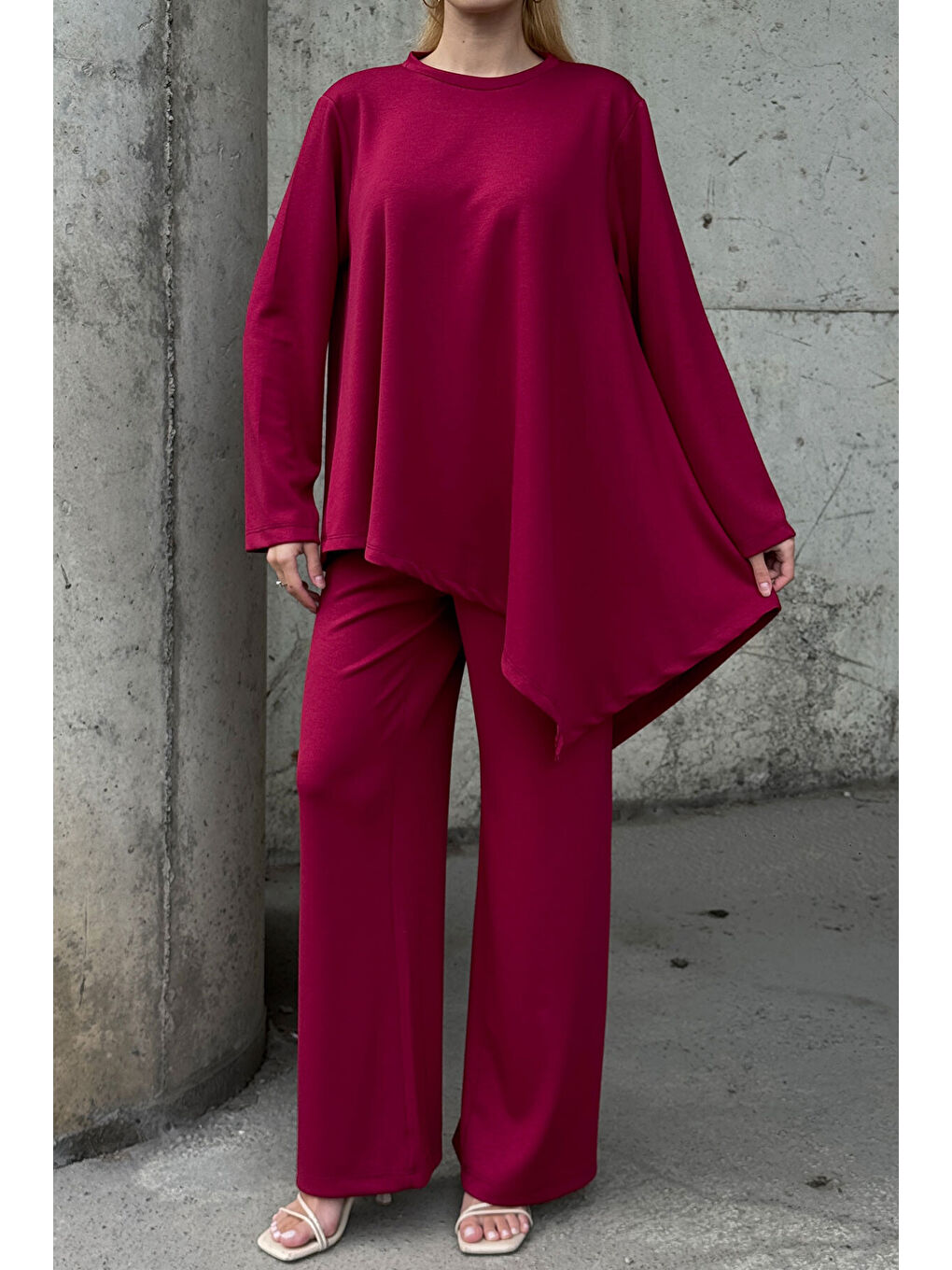 Rahat Kalıp Asimetrik Bluz Ve Pantolon Modal Kumaş Takım Bordo-1