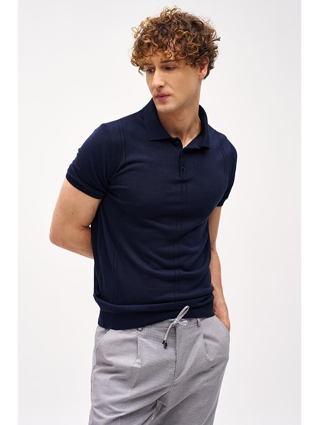 Lacivert Slim Fit Dar Kalıp Polo Yaka Düz Kısa Kollu Triko Tişört-2