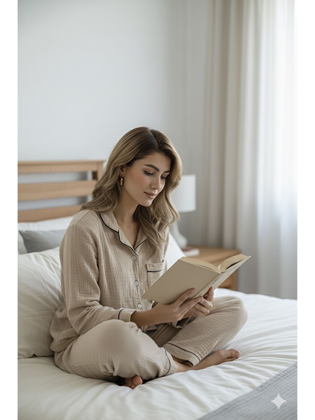 Bej %100 Pamuk Müslin Kadın Pijama Takımı - BEJ-6