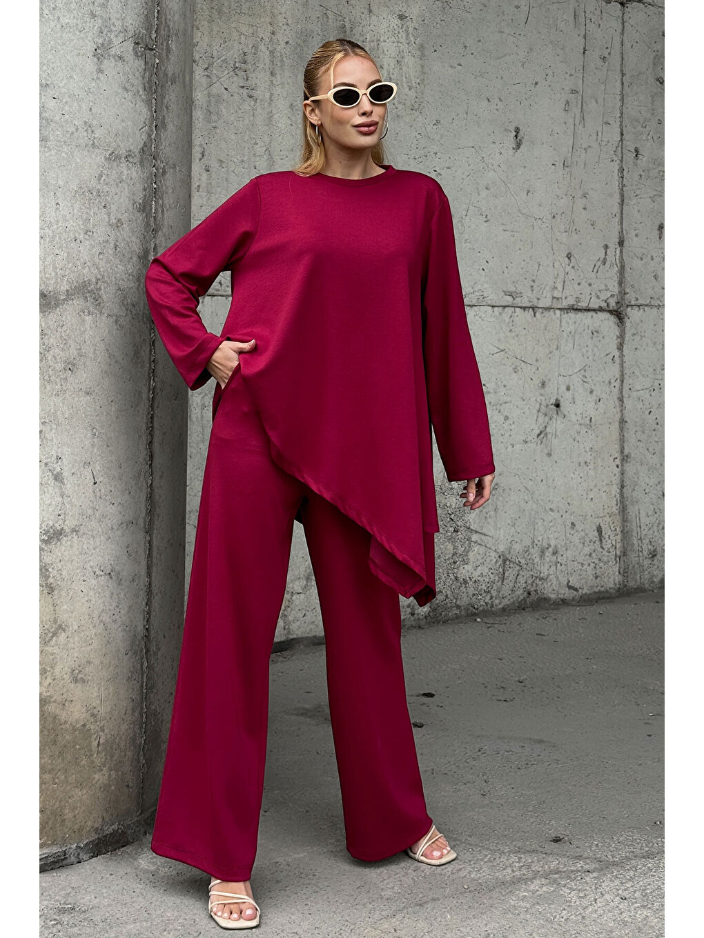 Rahat Kalıp Asimetrik Bluz Ve Pantolon Modal Kumaş Takım Bordo-2