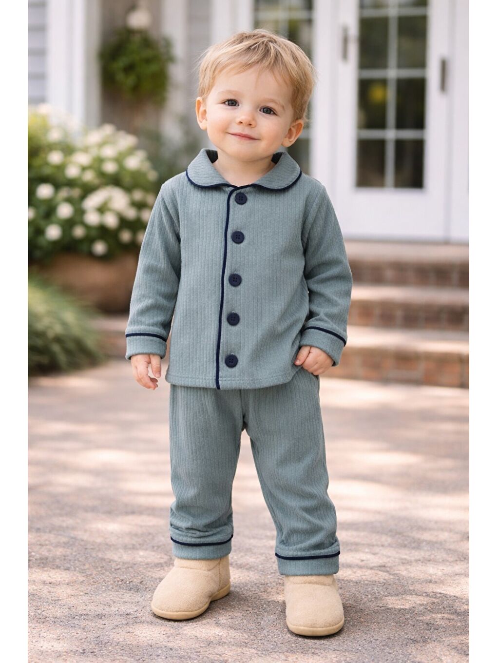 Gri Bebek Düğmeli Pijama Takımı Yumuşak Kumaş Uzun Kollu-1