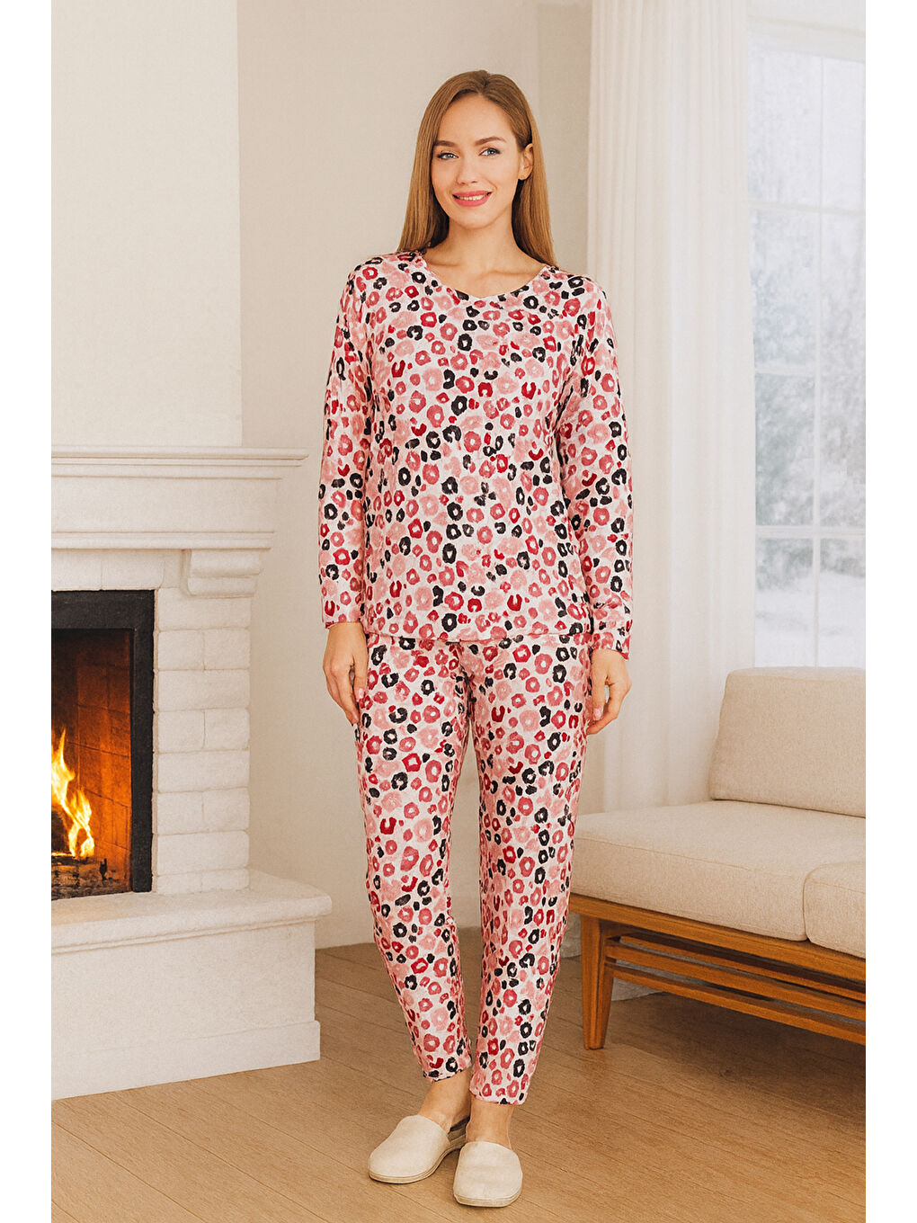 Kırmızı Kadın Desenli Comfort Pijama Takımı 0498 Nar Çiçeği