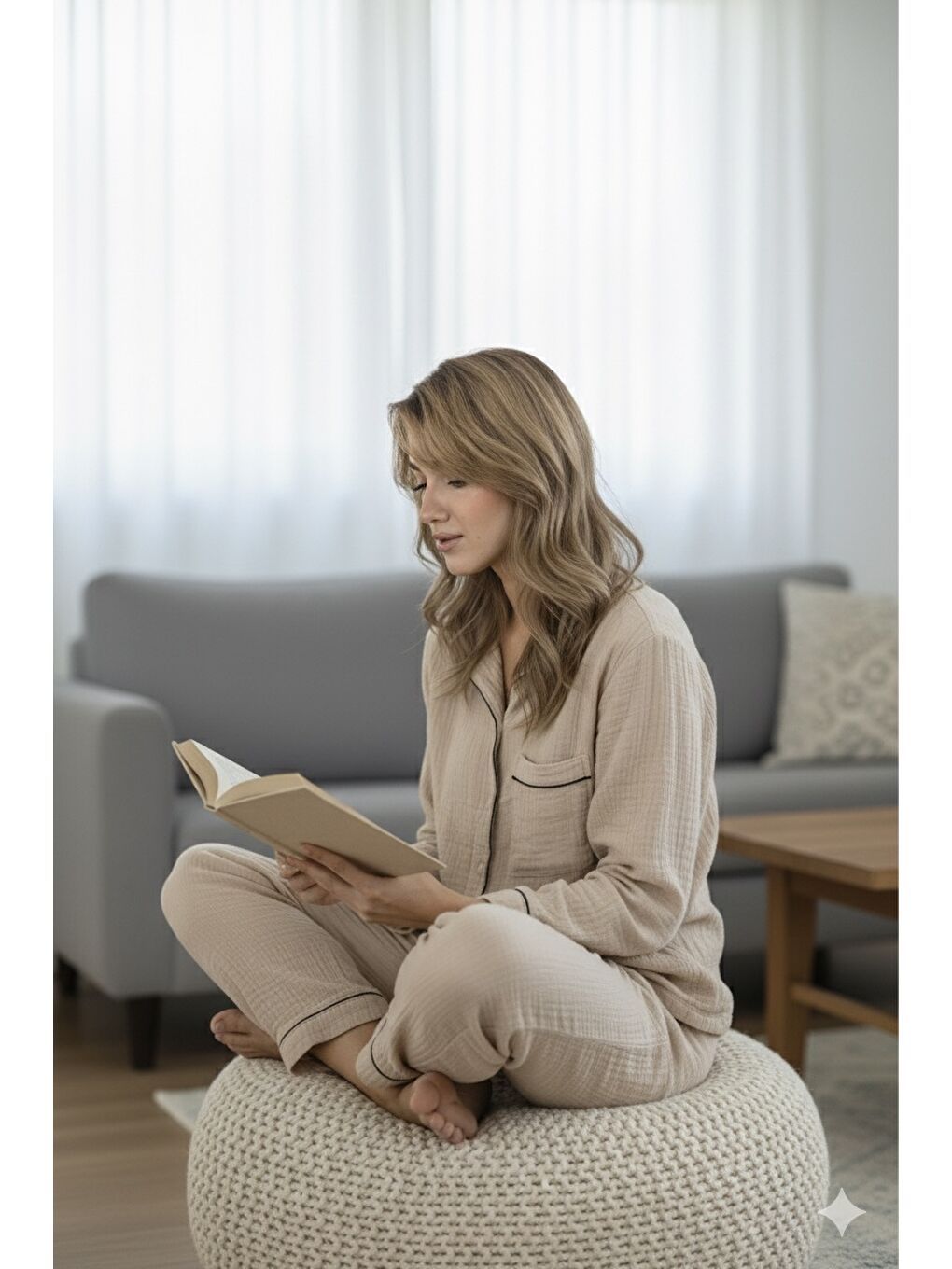 Bej %100 Pamuk Müslin Kadın Pijama Takımı - BEJ-7