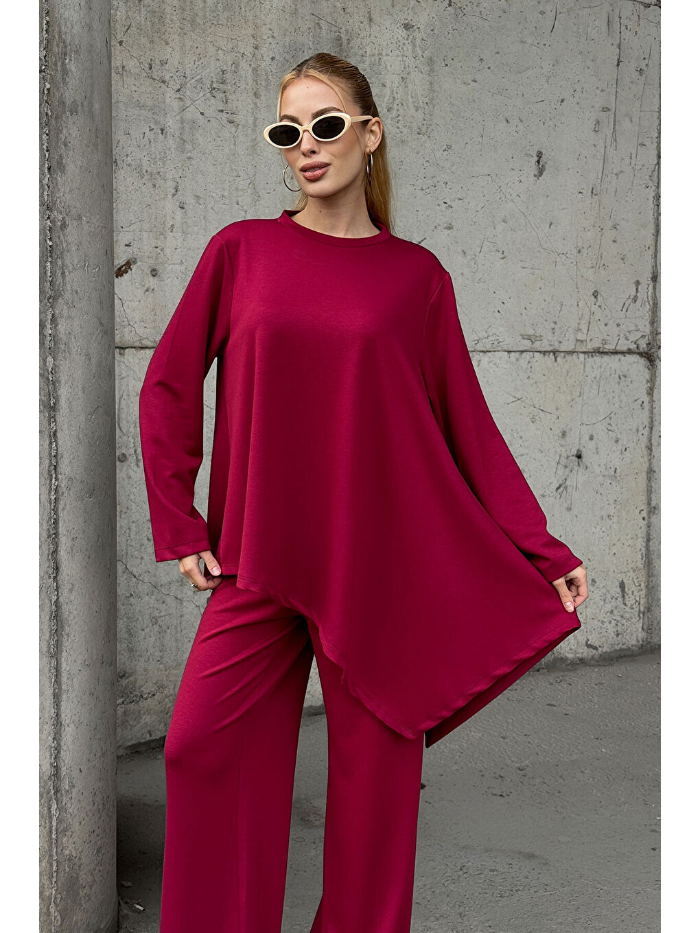 Rahat Kalıp Asimetrik Bluz Ve Pantolon Modal Kumaş Takım Bordo-3