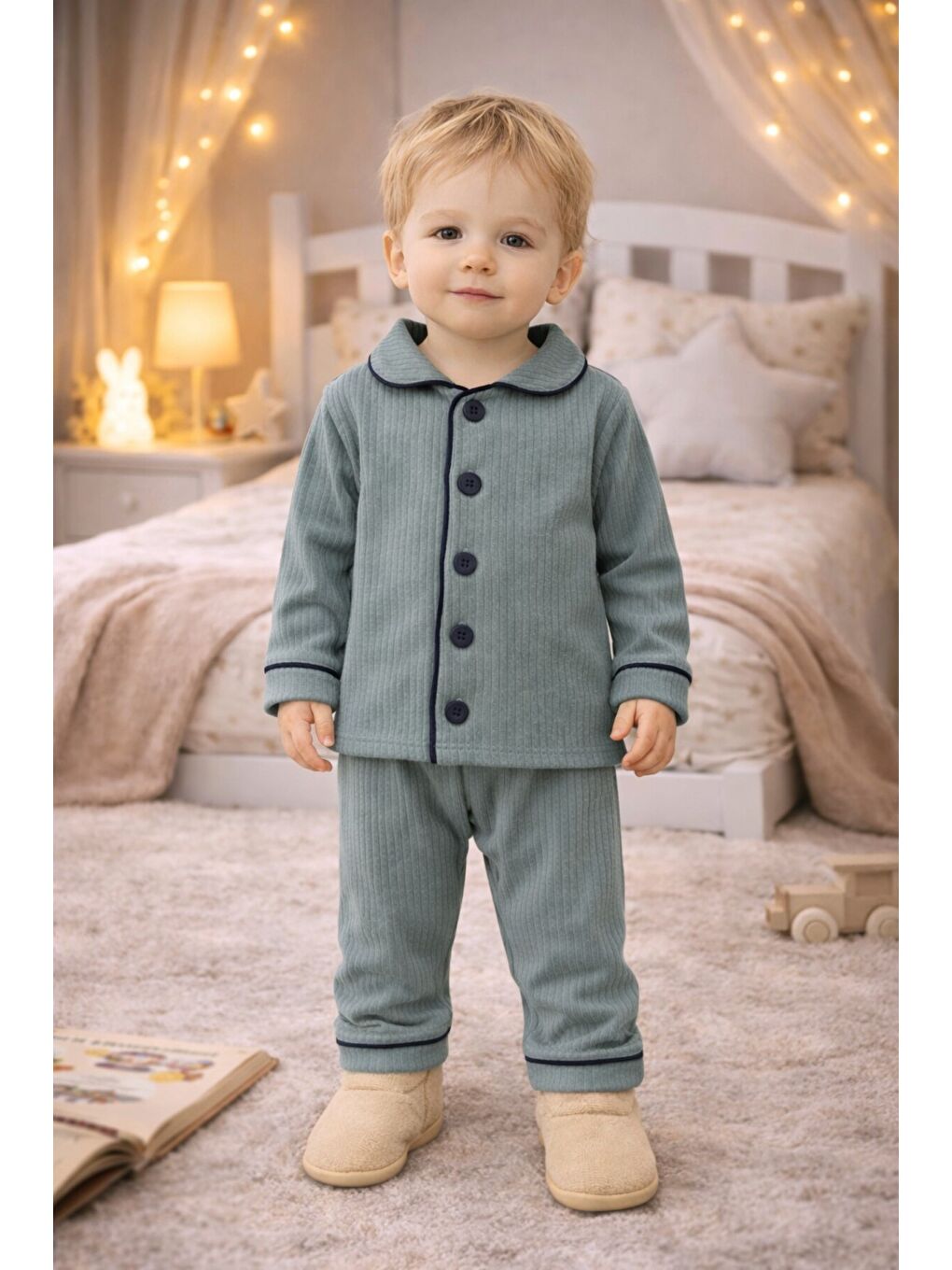 Gri Bebek Düğmeli Pijama Takımı Yumuşak Kumaş Uzun Kollu-2