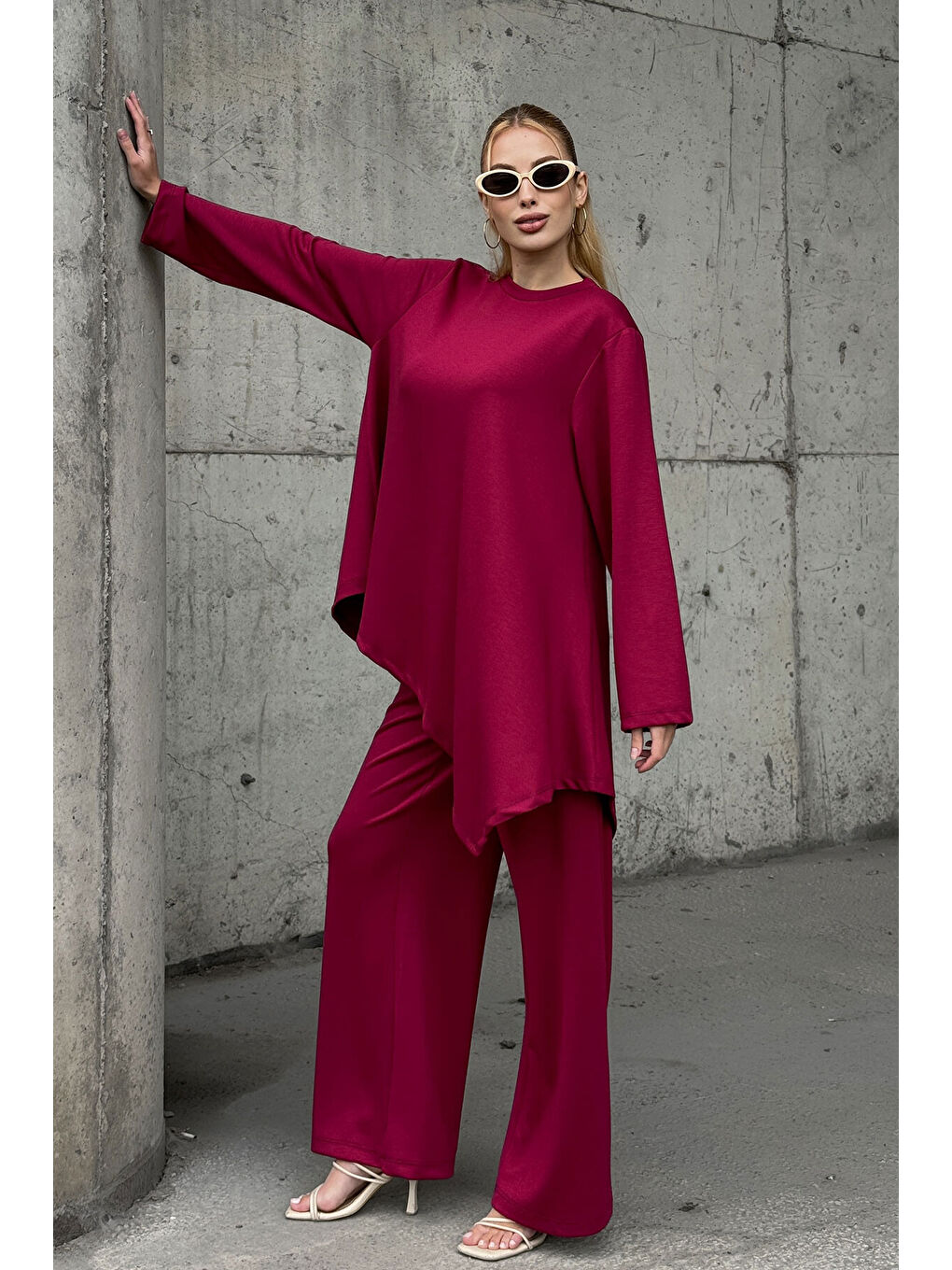 Rahat Kalıp Asimetrik Bluz Ve Pantolon Modal Kumaş Takım Bordo-4