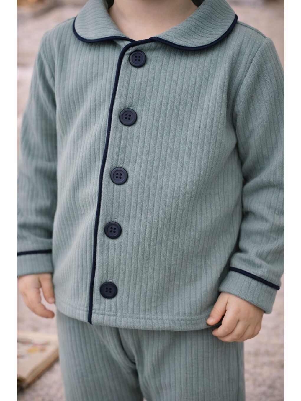 Gri Bebek Düğmeli Pijama Takımı Yumuşak Kumaş Uzun Kollu-3